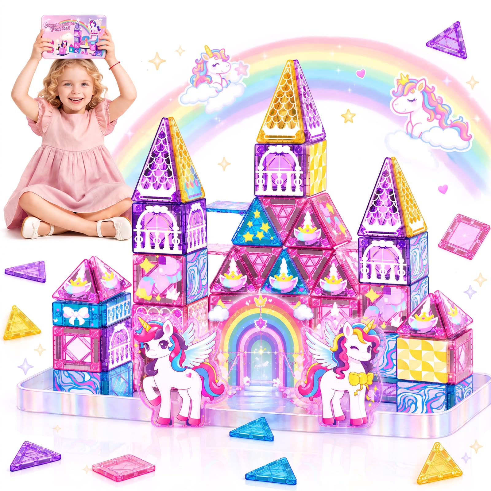 iKidiki 40 Pezzi Costruzioni Magnetiche per Bambini, Giochi da Viaggio Magneti Bambini 3 4 5 6 Anni Gioco Bambino 3 4 5 6 Anni Unicorno Regalo Bambina 3-6 Anni Giocattoli Blocchi Magnetici