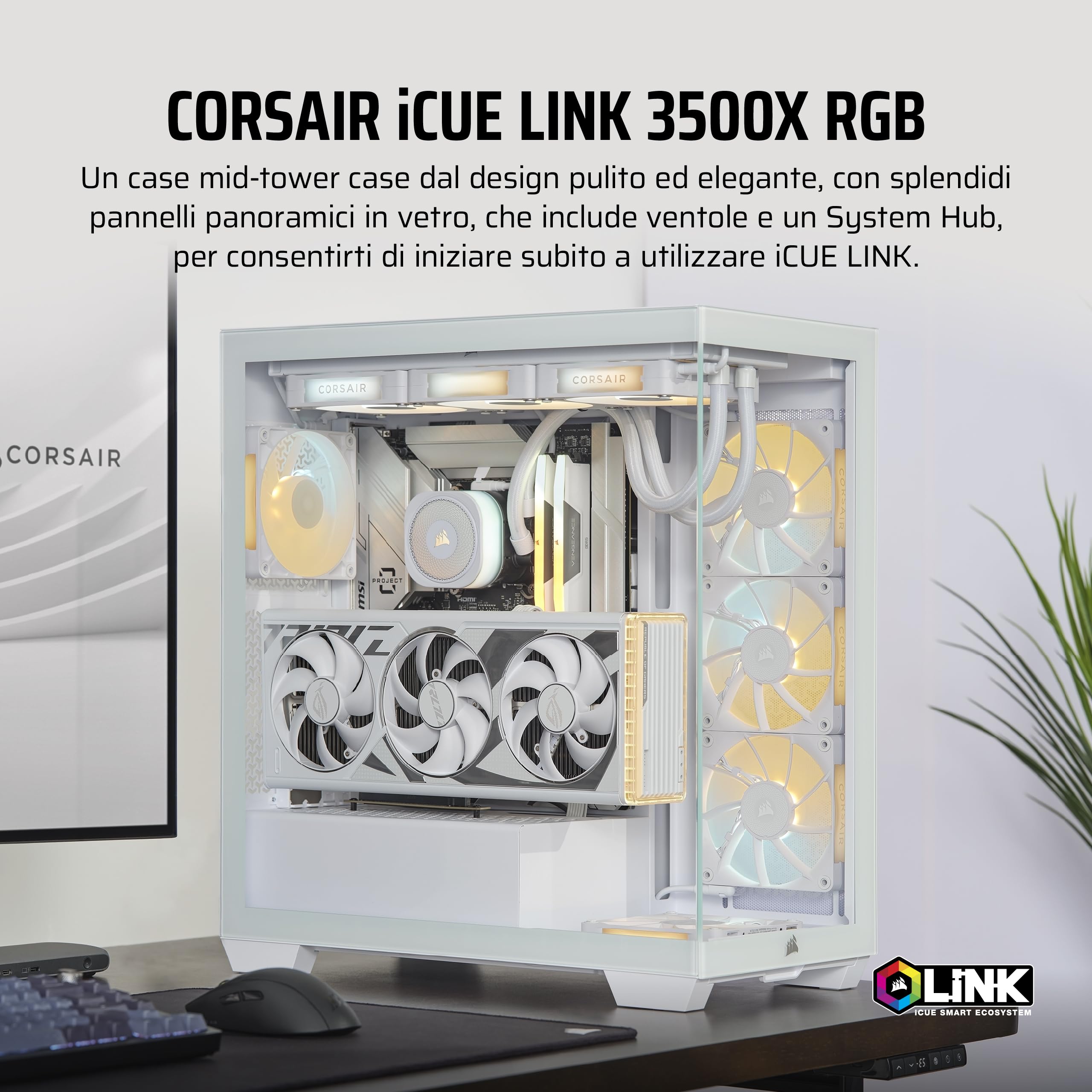CORSAIR iCUE LINK 3500X RGB Mid-Tower ATX Case per PC - Vetro Panoramico Temperato - Compatibile con Scheda Madre a Connessione Inversa - 3x Ventole CORSAIR RX120 RGB Incluse - Bianco