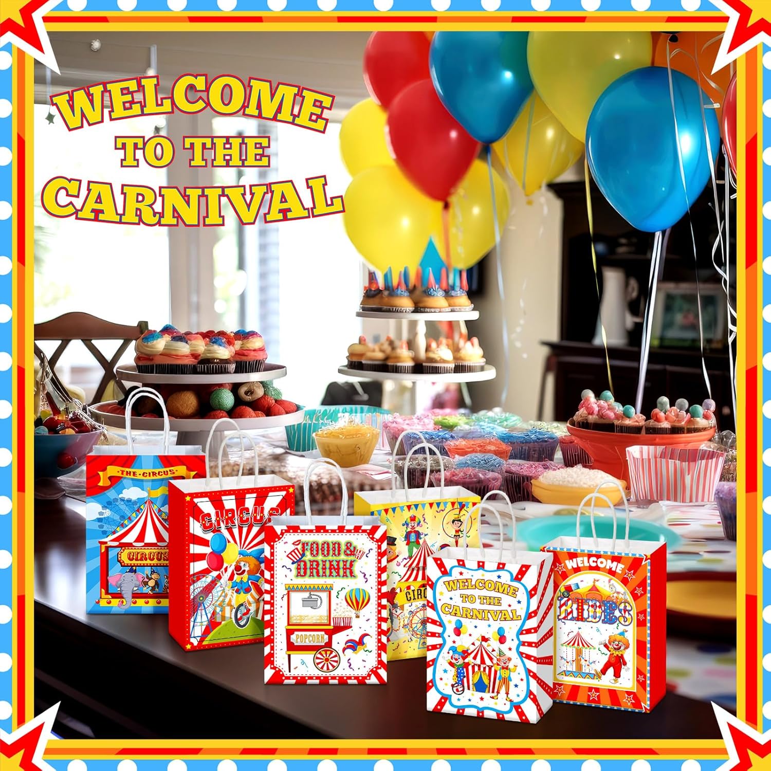 Zhanmai 24 Pcs Carnival Gift Bags Circus Party Favors Bags Paper Clown Carnival Goodie Candy Treat Bags with Handles for Circus Themed Birthday Party Decorations Supplies - Image 6