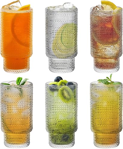Lawei Paquete de 6 vasos para beber Hobnail de 11 onzas, vasos altos vintage de cóctel a la antigua, estilo origami, vasos de café helado para