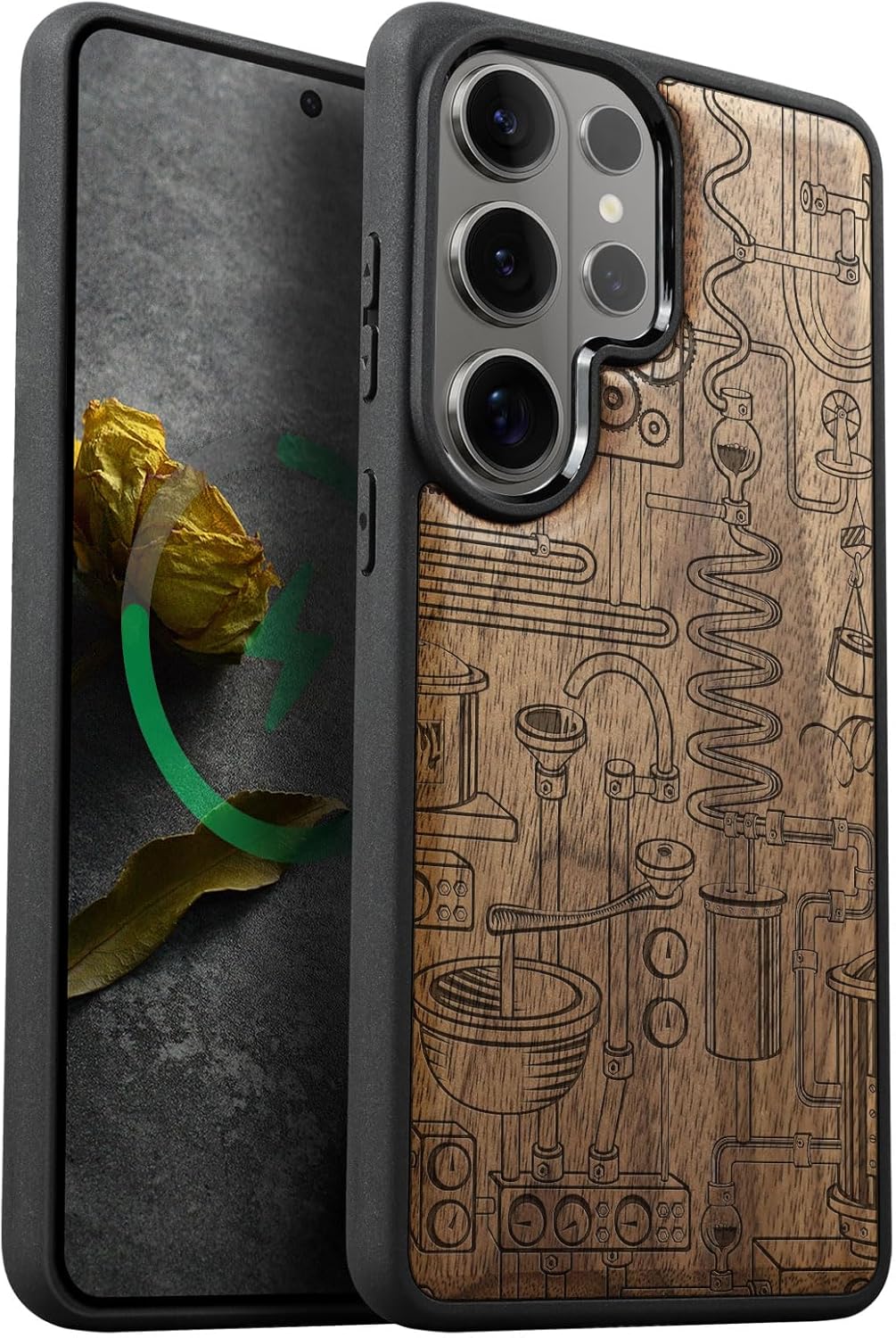 Carveit Magnetic Wooden Case for Samsung Galaxy S26 Ultra Case 2026, TPU Shockproof Cover & Wood Artisan Engraved, Compatible with MagSafe Wireless Chargers (Retro Industrial Tapestry) Walnut