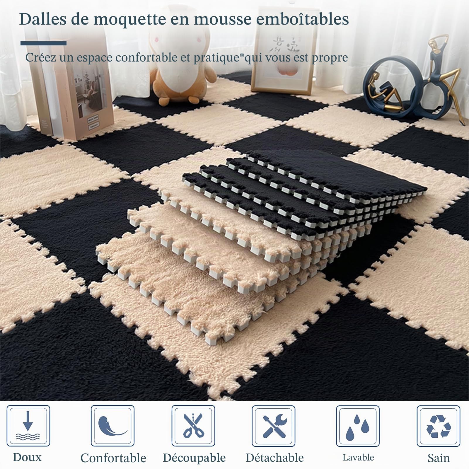 Lot de 10 Tapis Doux à Poils Longs, Carreaux De Moquette Moelleux Imbriqués, Carreaux De Sol Antidérapants pour Jeu De Puzzle, Tapis Sensoriel pour Salle Sensorielle(Color:Rose+Café Clair)