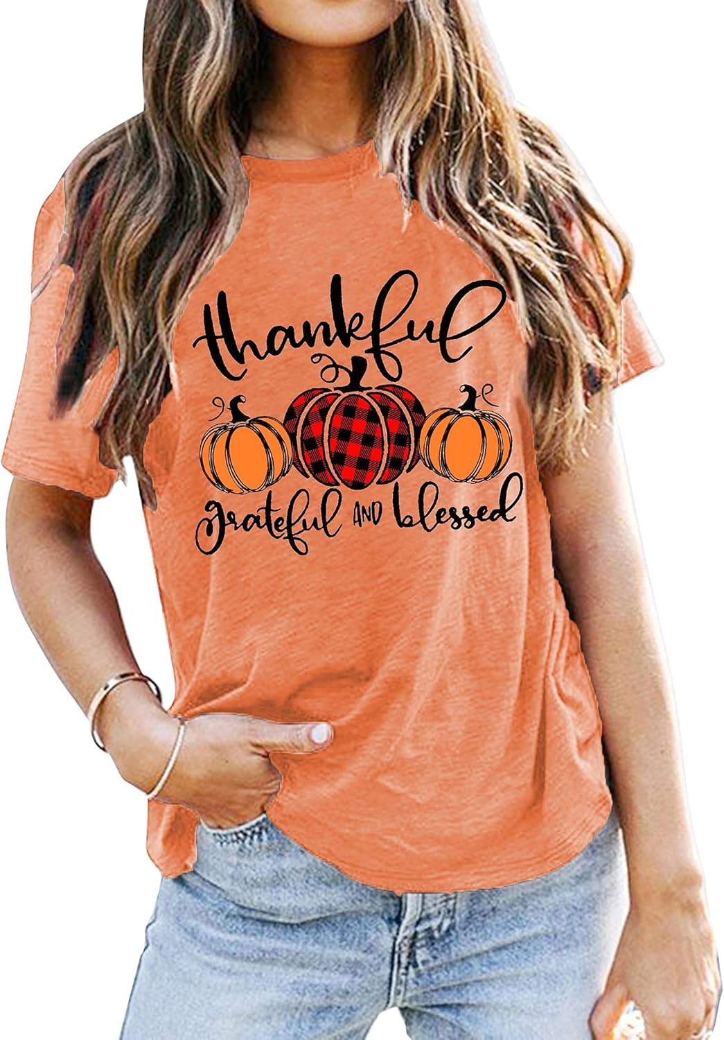 Thanksgiving Shirts for Women: Thankful Grateful Blessed Shirt Thanksgiving Pumpkin Tshirts Short Sleeves Fall Tops