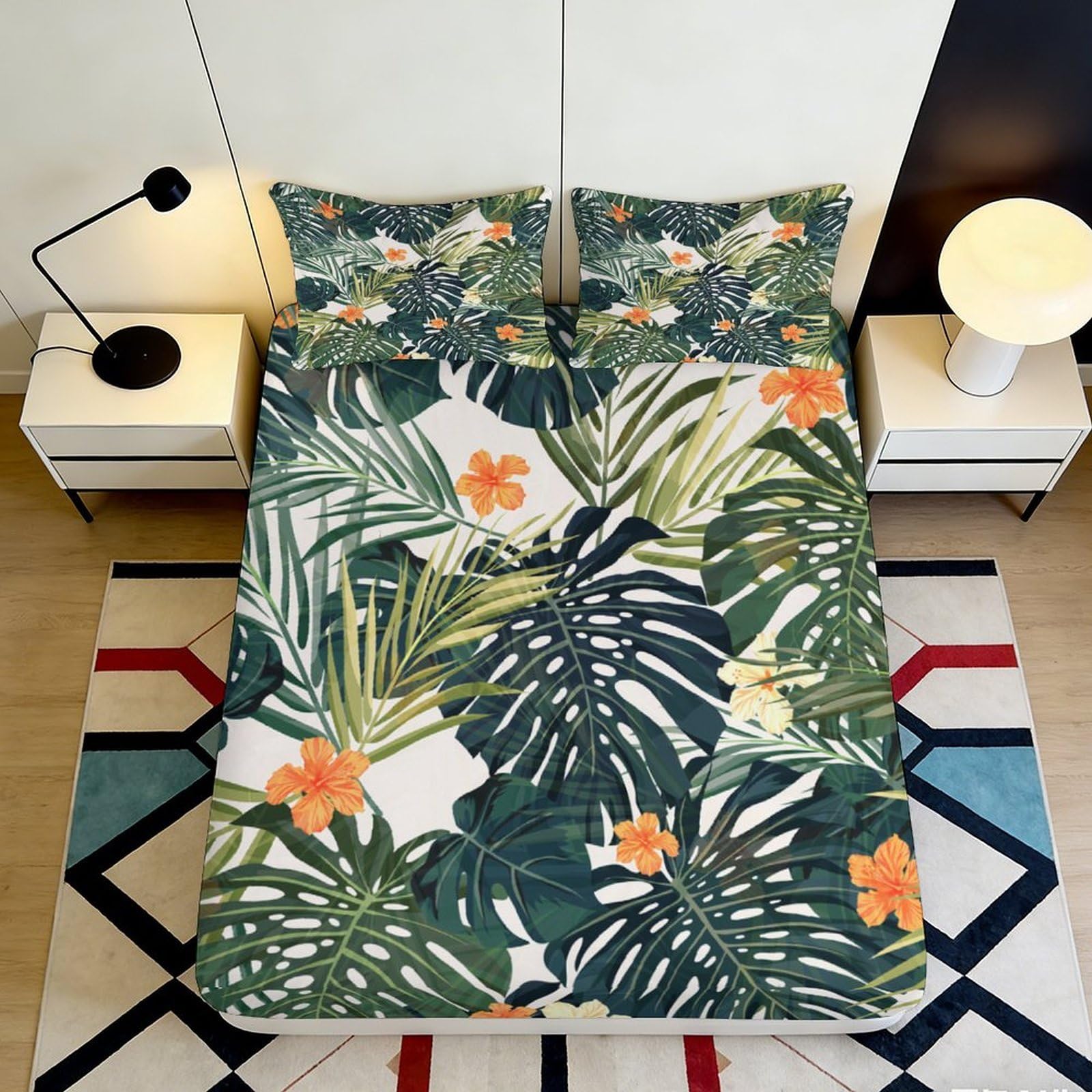 Pnayamiorkfel Style-10 3D Printed Tropical Jungle Leaves Fitted Sheet Microfiber Hibiscus Flowers Mattress Cover For Bedroom Guest Room Decor, Easy Care 90X200x25cm