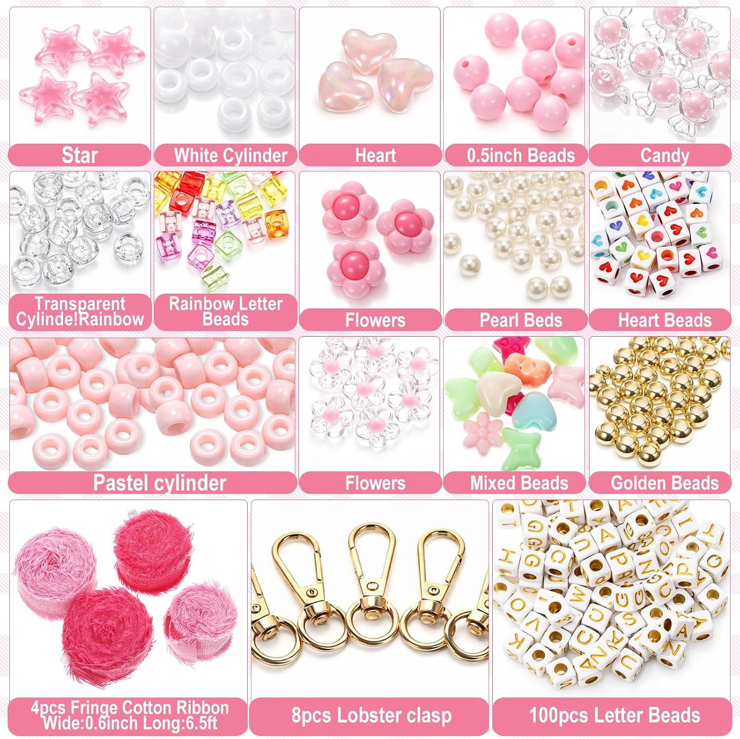 Tondiamo 400pcs Bead Keychain Making Kit with 4 Ribbon Bracelet DIY Bag Charm Kit for Women Acrylic Heart Star Flower Letter Alphabet Craft Jewerly Making Kits for Party Activity(Pastel Pink)