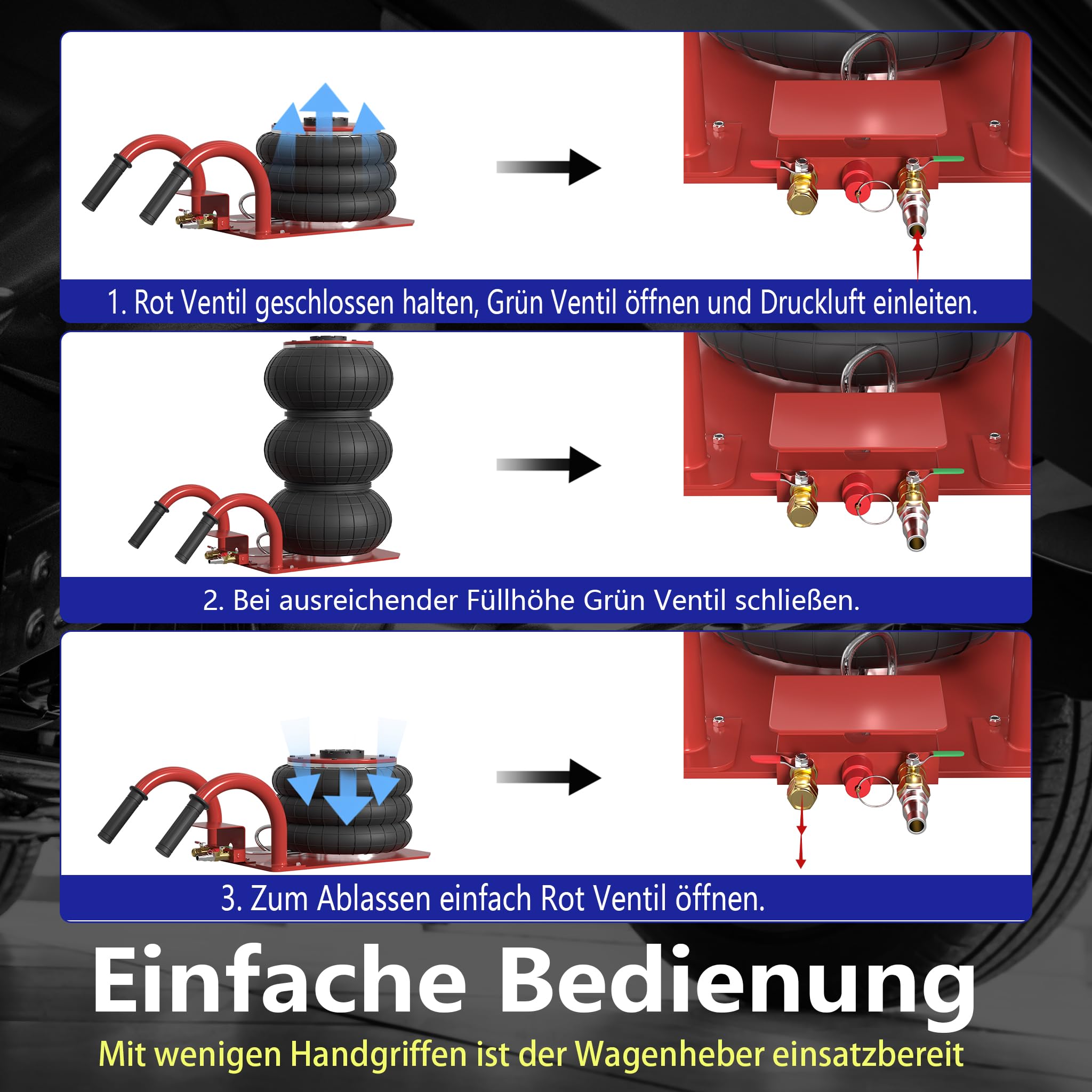 YRHome 3T/6600Lbs Pneumatischer Wagenheber mit Griff Druckluftwagenheber Luftkissen Rangierwagenheber Hebebühne Luftheber Druck Luft für Rangierwagenheber KFZ