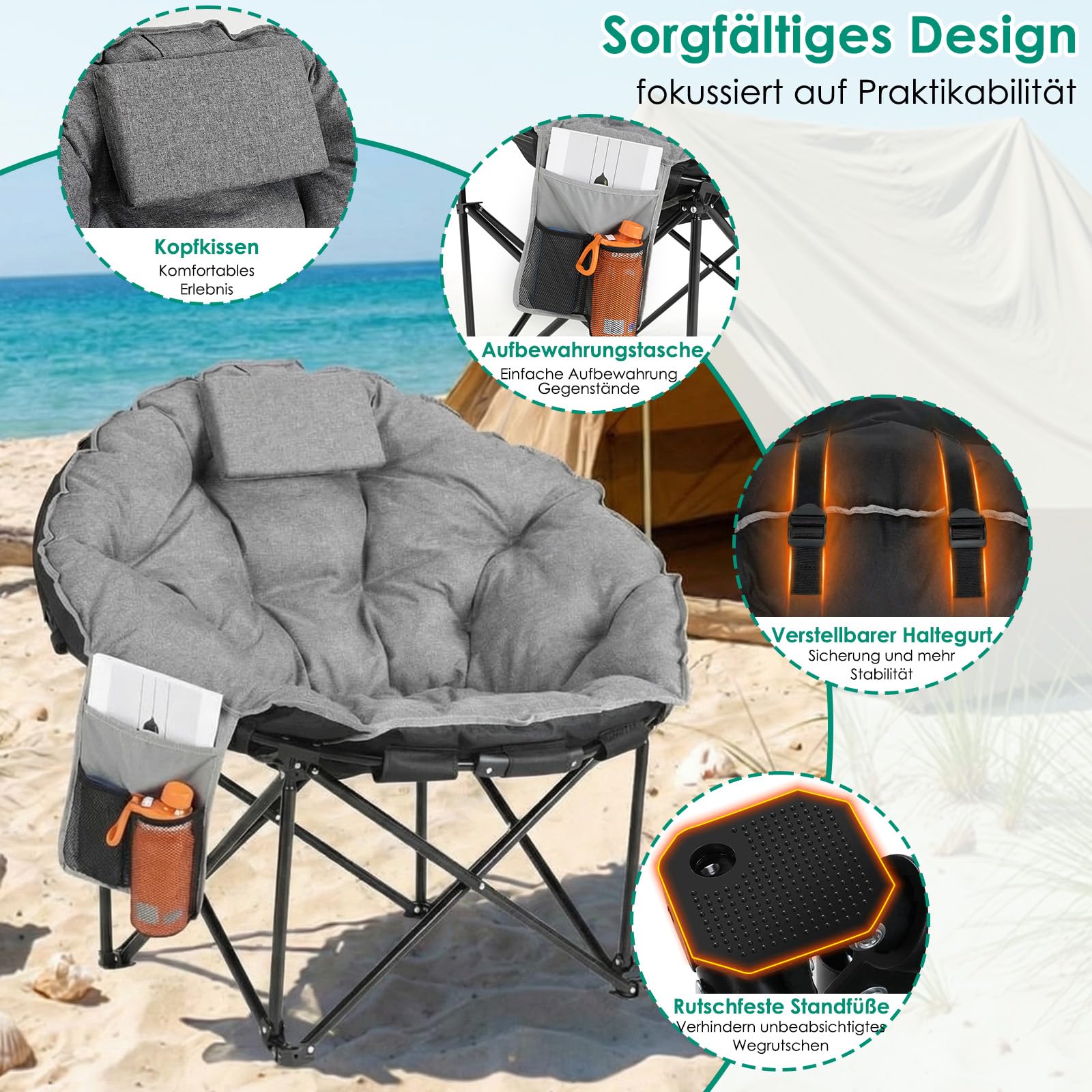 LIFERUN Moonchair Luxus 150KG, Campingsessel rund,Faltstuhl Camping Outdoor | Campingstuhl Faltbar mit Dick Gepolstert, Lagerungstasche, AntiRutsch-Füße, Seitentasche, für Garten, Angeln, Strand, Grau