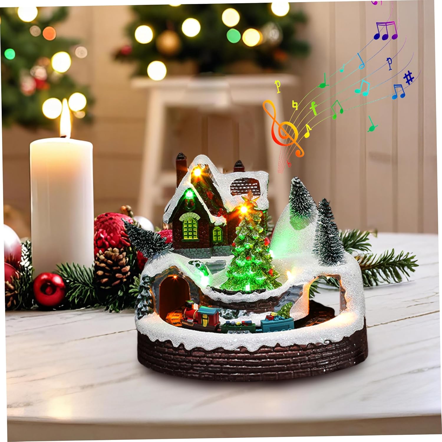 Christmas Village Figurines, 4.7x6.1inch Resin Christmas Village House with Rotating Train & Xmas Tree, Light up Musical Animated Display Collectible House for Home Tabletop Decorations