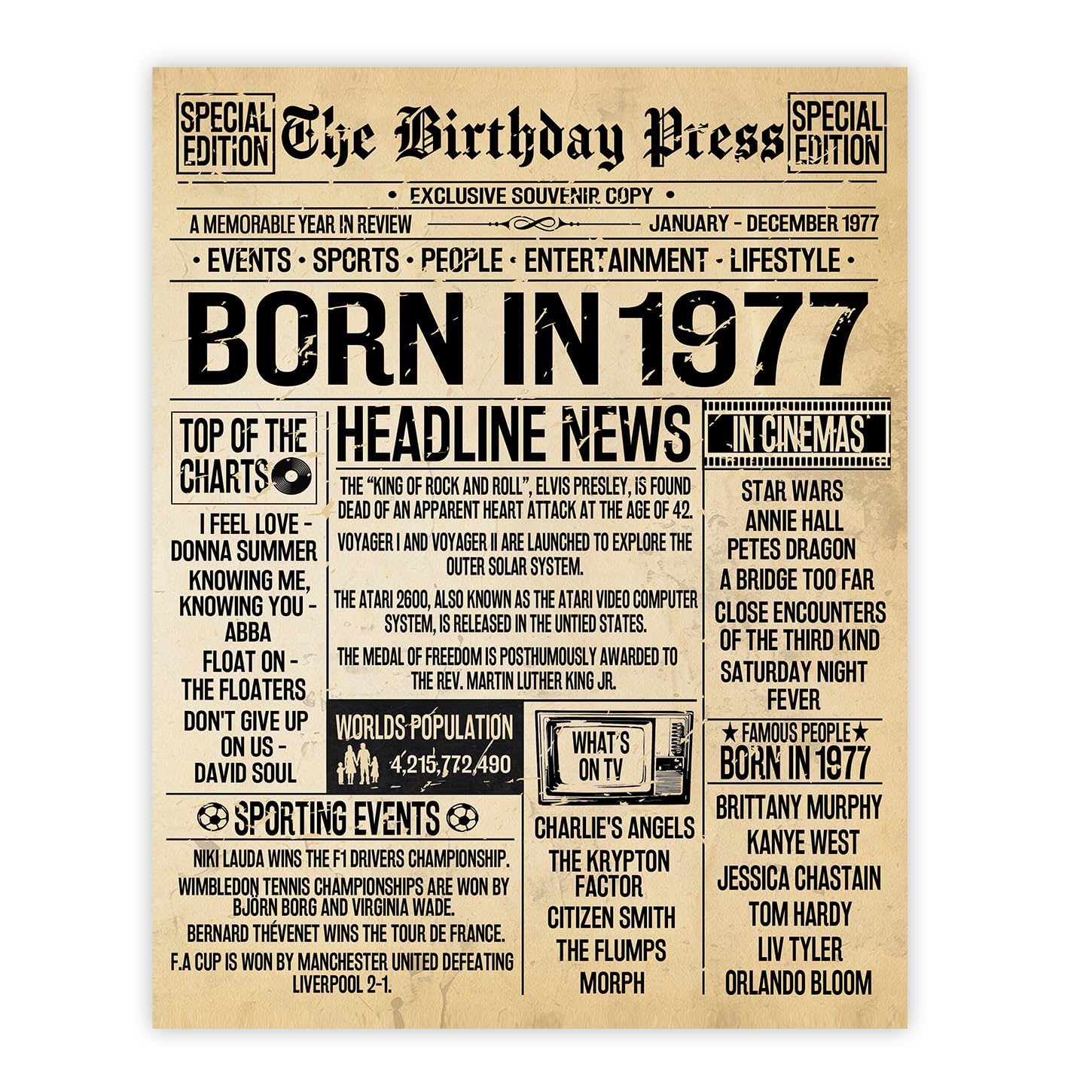 Stuff4 49th Birthday Poster Unframed - Born In 1977 Vintage Newspaper - Happy 49th Birthday Gifts for Women Men Retro Back In 1977, 8x10 Inch Decor Decoration Bday Party