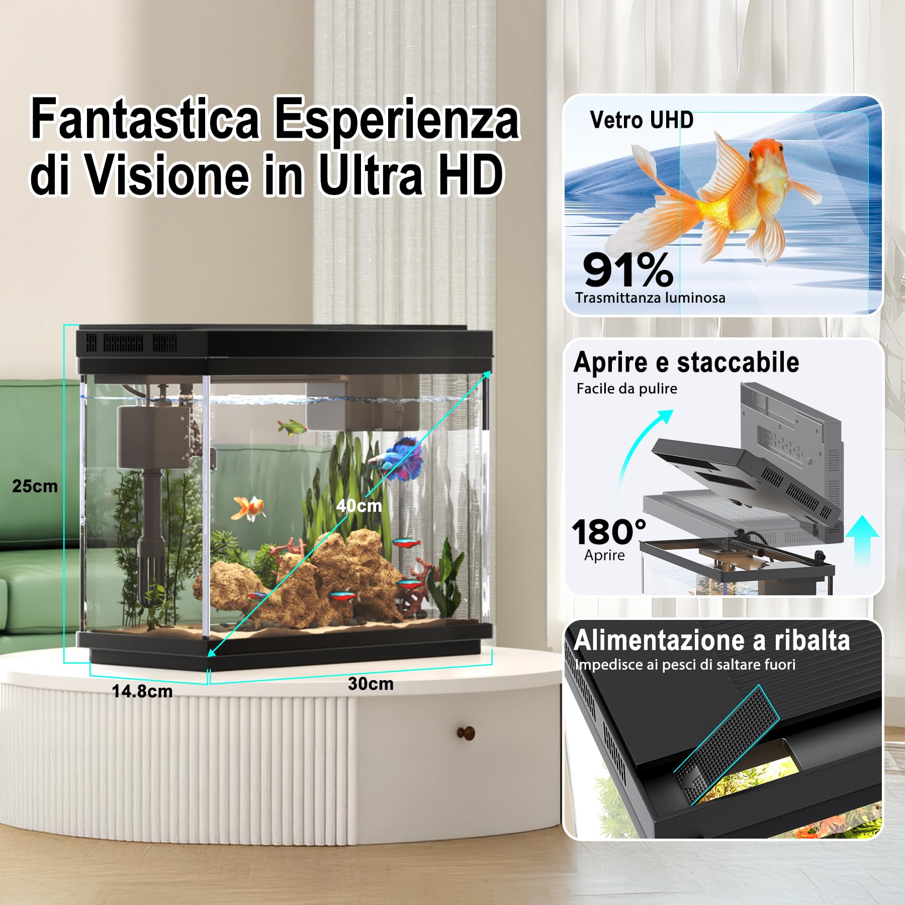 Vehipa Acquario Completo, Acquario per Pesci Rossi da 9L con Umidificatore Intelligente, Display della Temperatura, Vetro Ultra Chiaro, Pompa Silenziosa 3 in 1, Illuminazione a 7 Colori