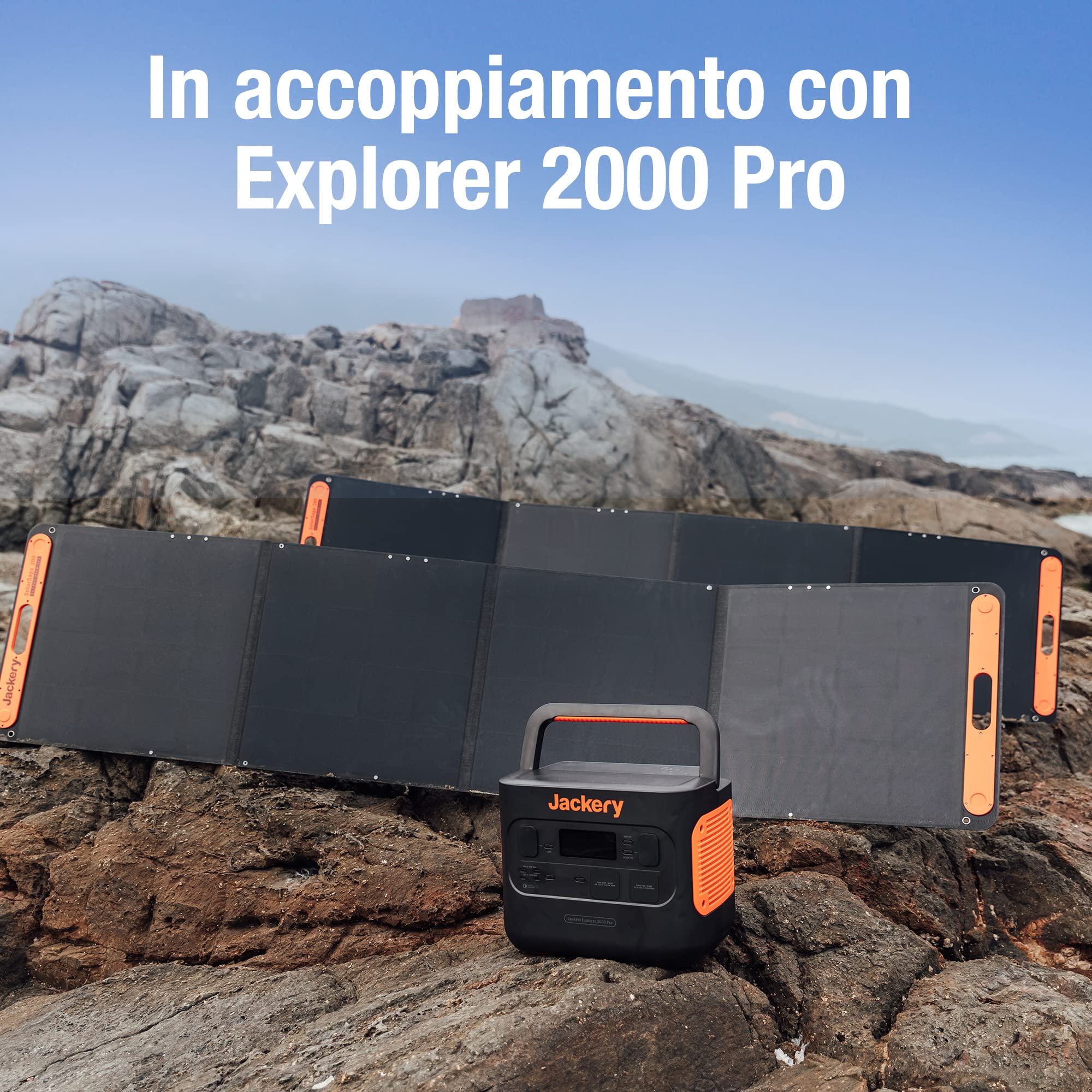 Pannello solare portatile Jackery SolarSaga da 200 W, in abbinamento con Explorer 2000 PRO come generatore solare, alimentazione non allacciata alla rete elettrica per escursioni all'aperto