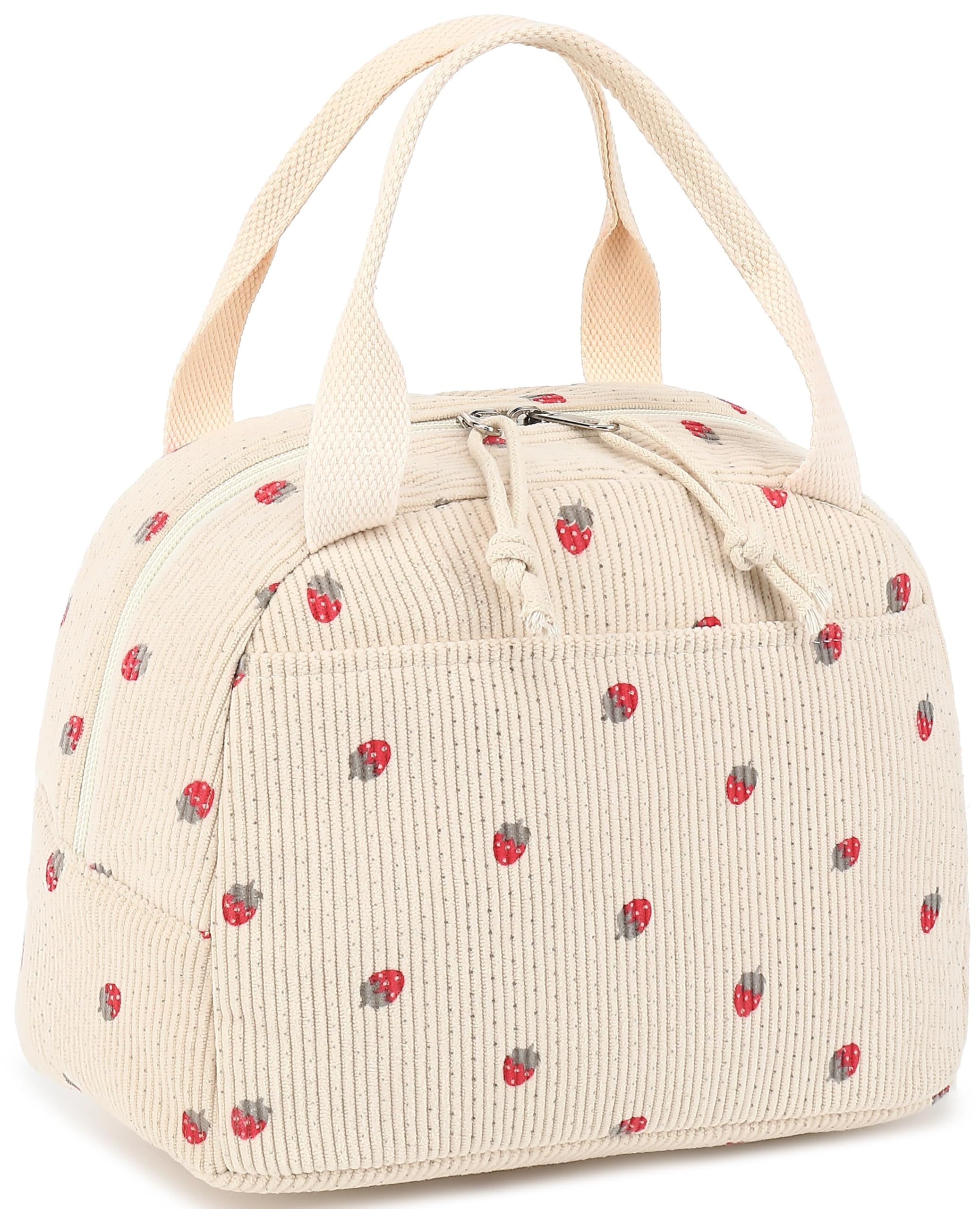 LEDAOU Insulated Lunch Bag for Women Reusable Lunch Tote Handbag Corduroy Lunch Bag Leak Proof Thermal Cooler Lunch Case Large Capacity Lunch Box Travel Work Picnic (Corduroy Beige-Strawberry)