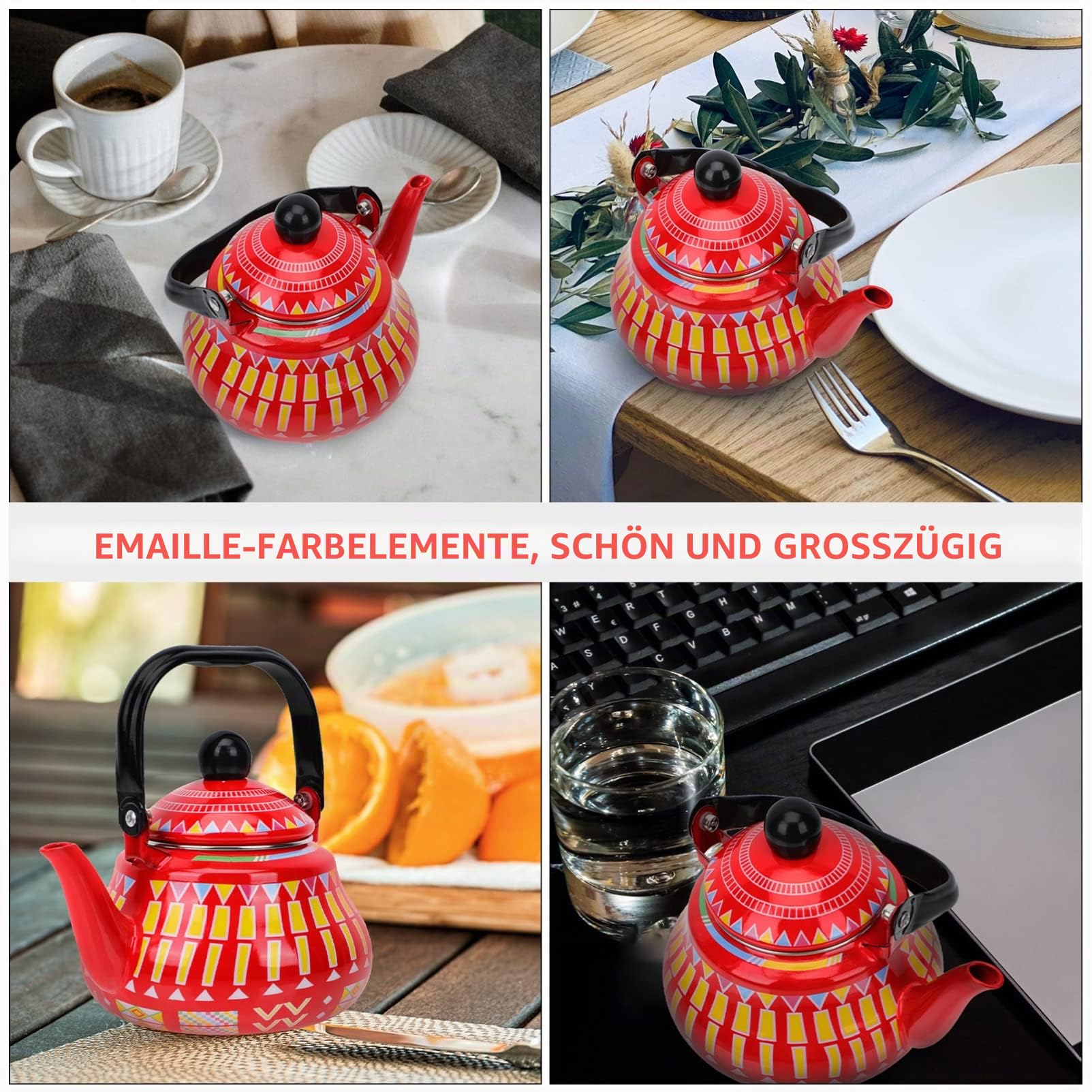TOPBATHY Emaille Wasserkessel 1.5L Herd Kessel Mit Pfeife Edelstahl Griff Vintage Design Für Gas- Und Induktionsherd Haushalt Wasserkocher