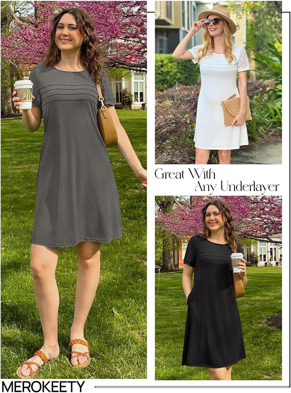 MEROKEETY Women's Summer Short Lace Sleeve T Shirt Dress Casual Crew Neck Pleated Front Shift Dresses - Image 4