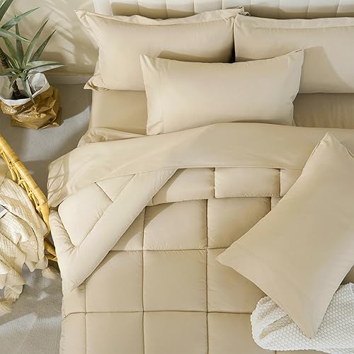 Miniatura 3 de DOWNCOOL Juego de edredón tamaño Queen, 7 piezas de ropa de cama Queen beige, cama alternativa para todas las estaciones, cama en una bolsa, tamaño