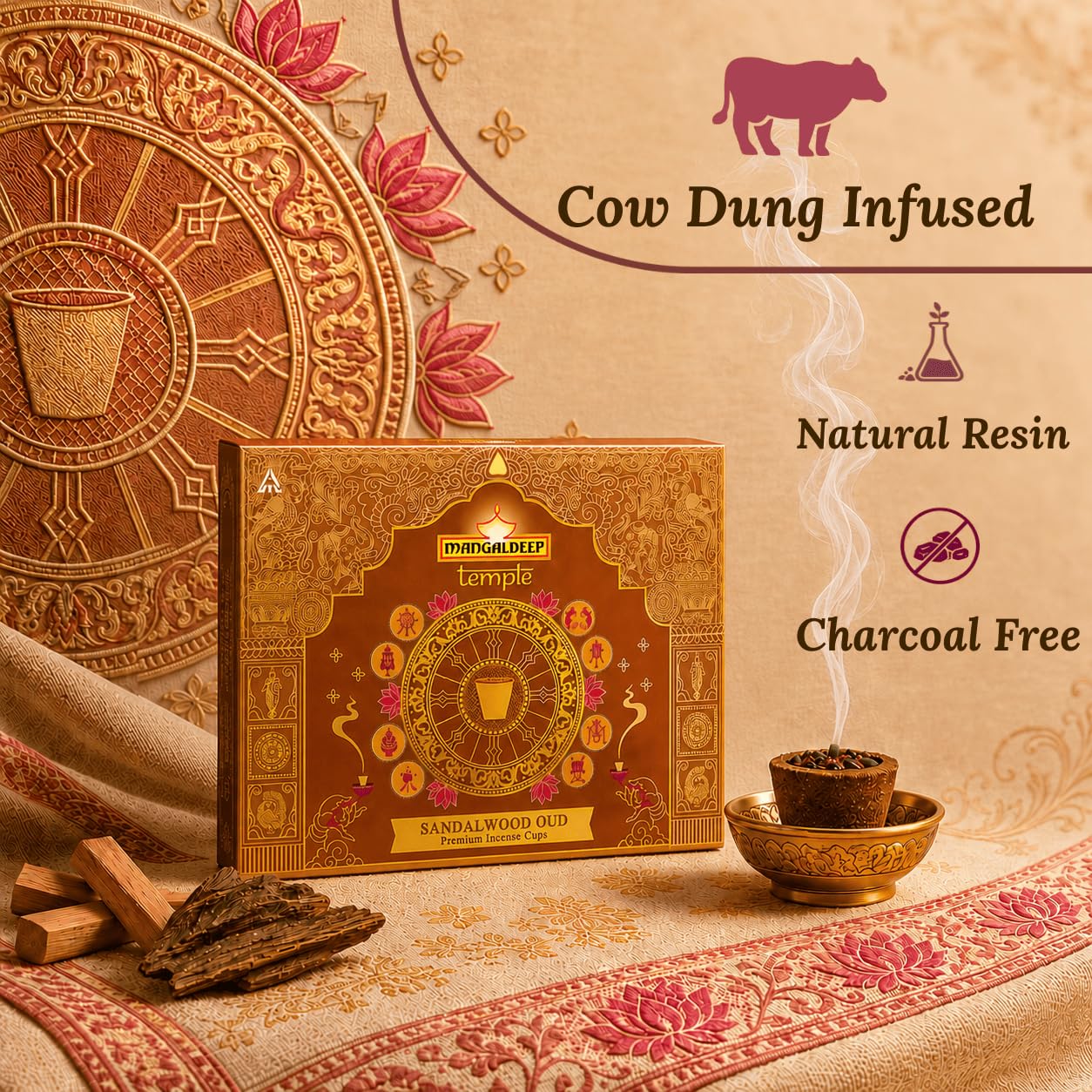 Mangaldeep Temple Sandalwood Incense Cups - 15 Cups -3