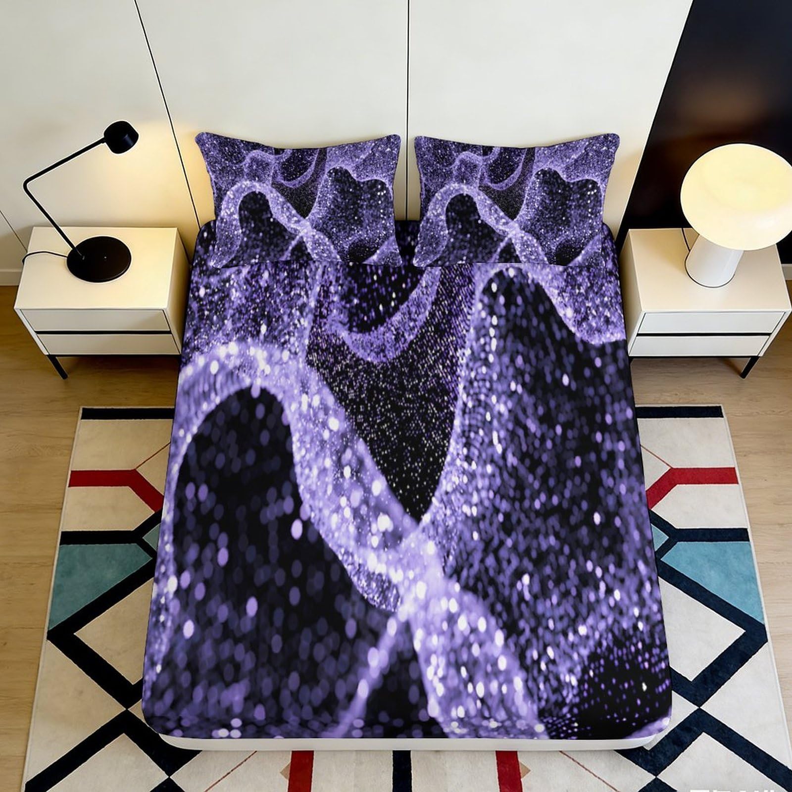 3D Printed Purple Abstract Wave Fitted Sheet Microfiber Deep Pocket Bedroom Bedding Purple Pattern Mattress Fitted Cover Non-Slip Washable 140x200x25cm