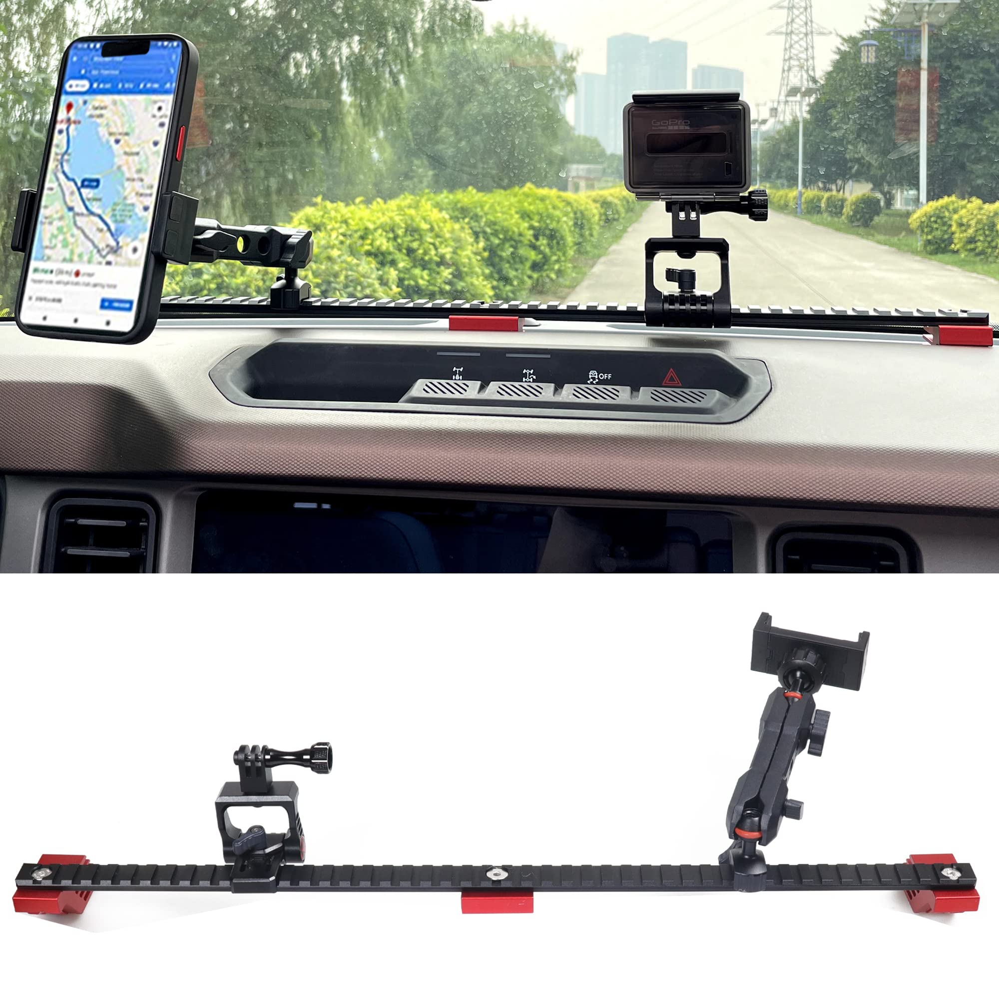 BESTAOO Dash Phone Holder and Camera Mount for Ford Bronco 2021 2022 2023 2024 2025 2 Door & 4 Door, Compatible with GoPro and Smart Phone (Long Rail)