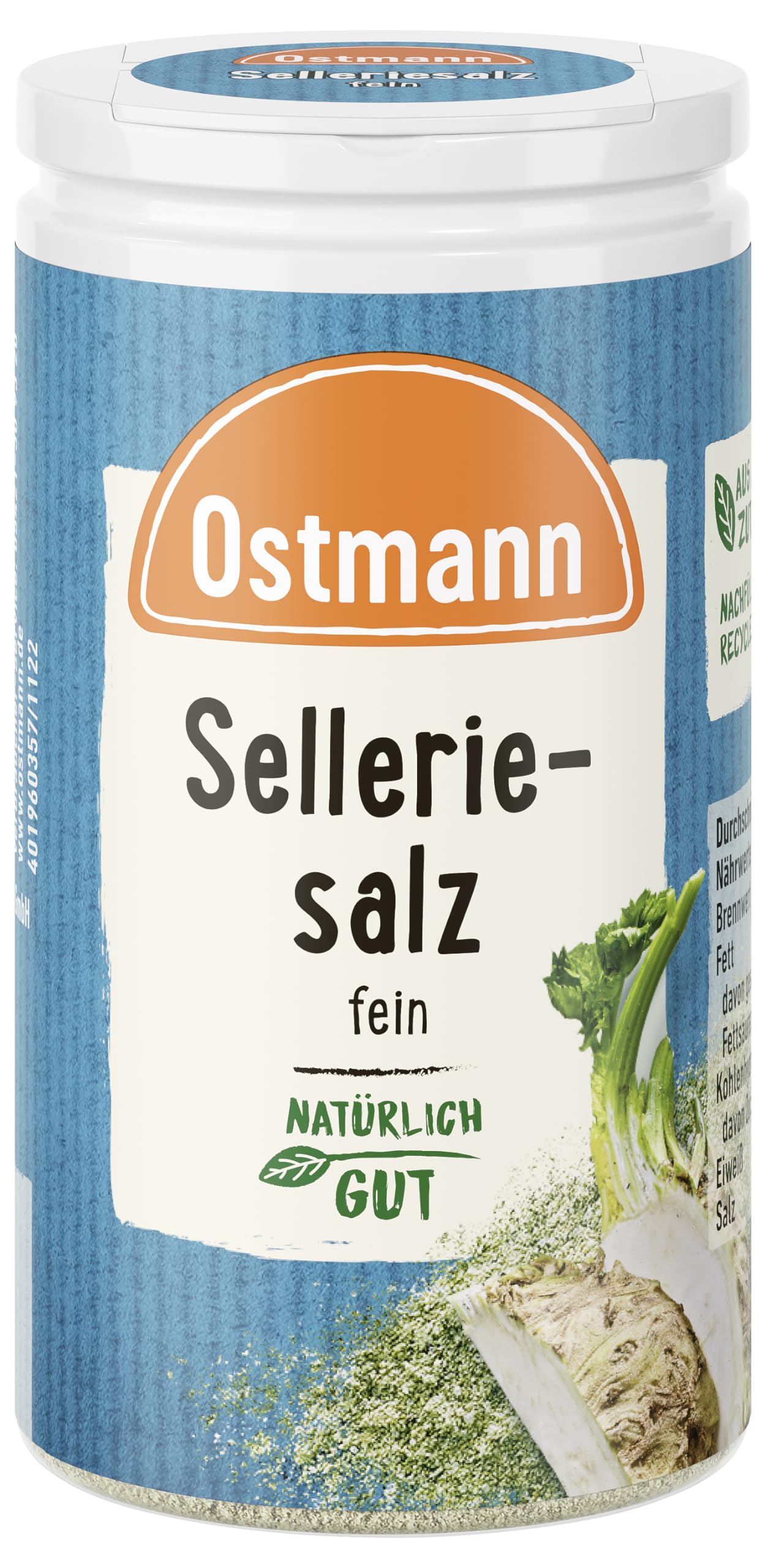 Ostmann Gewürze - Selleriesalz | Zum Verfeinern zahlreicher herzhafter Gerichte | Recyclebare, nachfüllbare Streudose | 50 g im Streuer