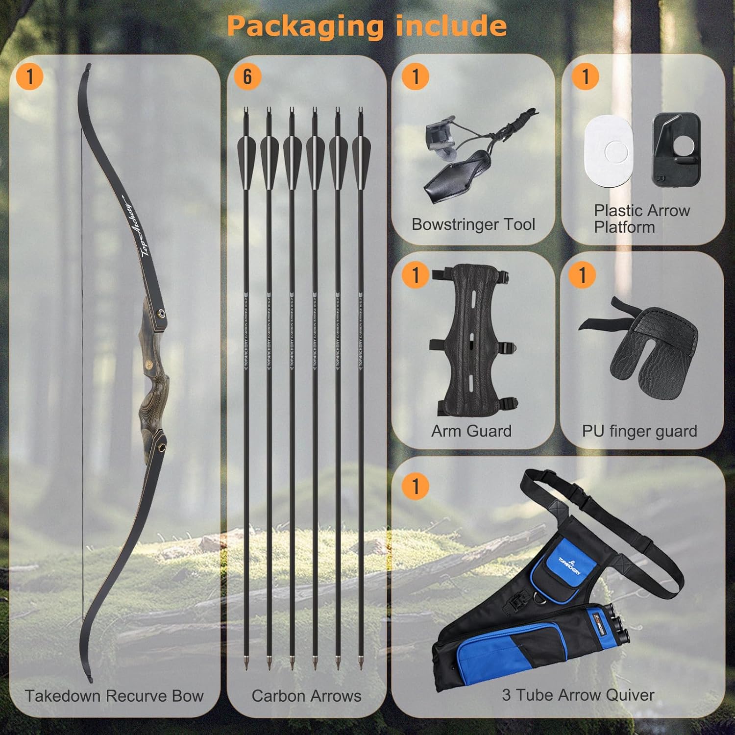 TOPARCHERY 60'' Archery Recurve Bow and Arrow Set for Adult Target Practice Competition Survival Longbow Right Hand 30-50lbs with 6pcs Fiberglass Arrows