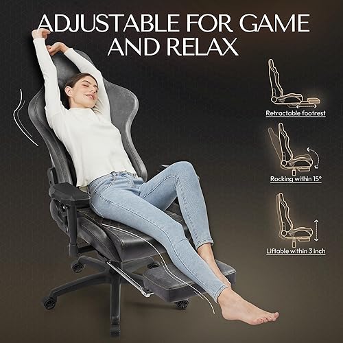 Miniatura 7 de Silla de juegos Dowinx grande y alta, silla ergonómica para computadora con reposabrazos 4D y reposapiés, soporte lumbar con masaje, respaldo alto,