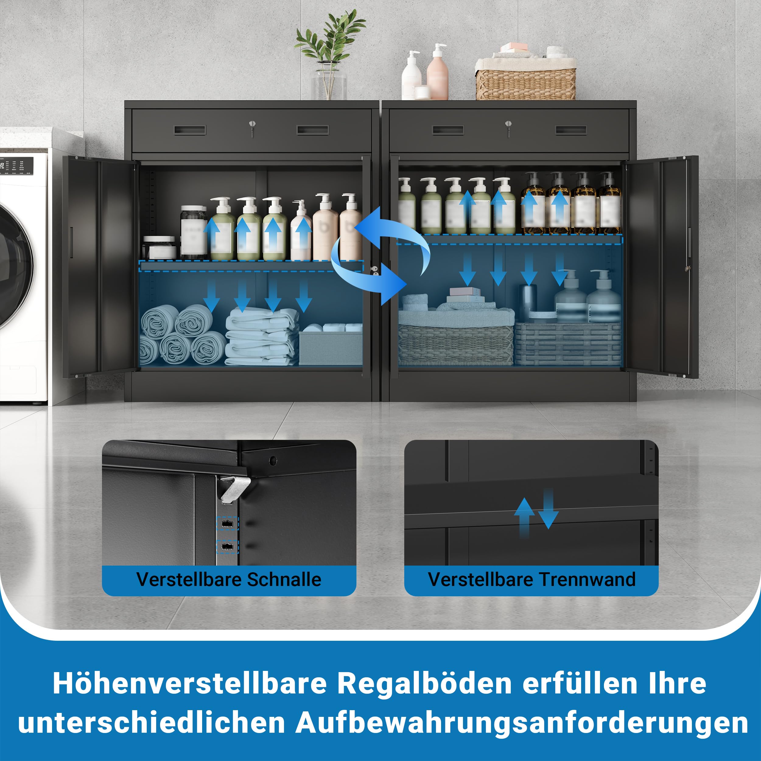 Aktenschrank, Mehrzweckschrank,Büroschrank mit abschließbarem Schubfach und 1 höhenverstellbaren Einlegeboden, Aufbewahrungsschrank aus Stahl, Werkzeugschrank für Garage, Büro(90*80*40,Schwarz)