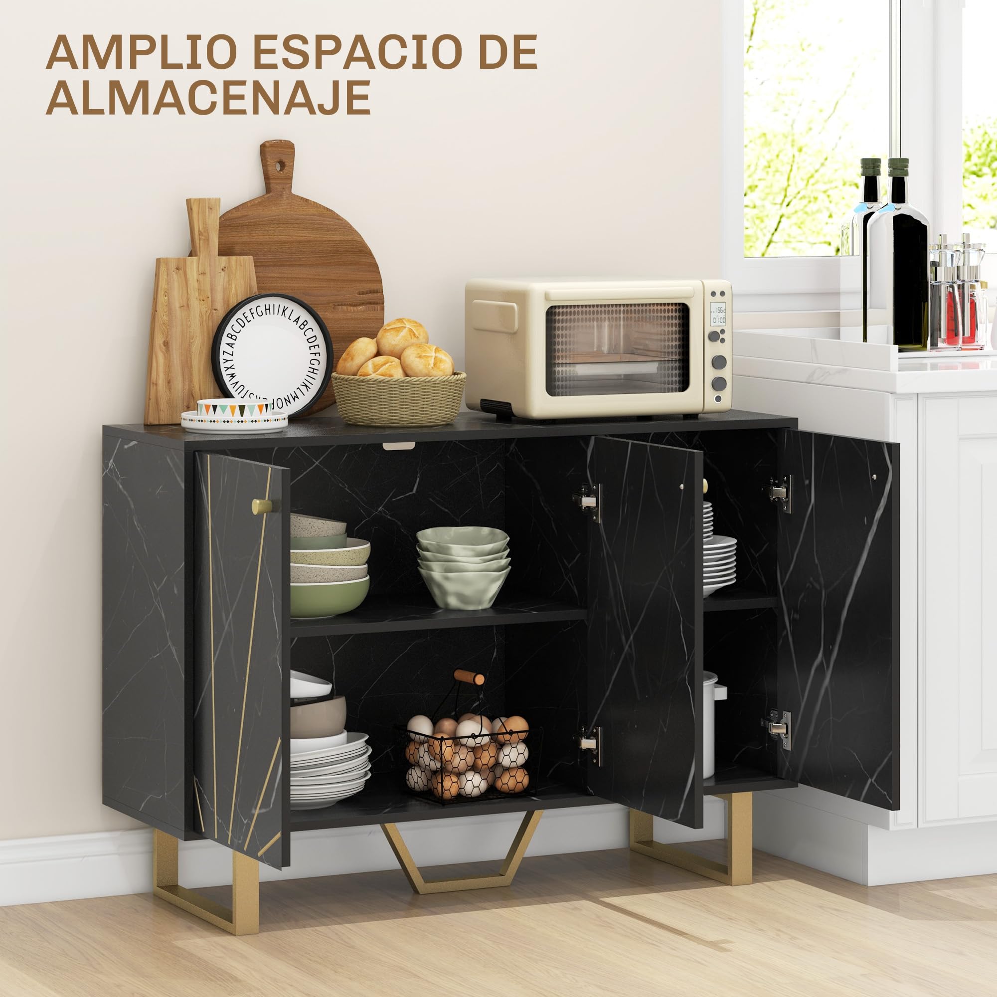 HOMCOM Aparador Moderno 2 Puertas Antivuelco 107x35x75 cm Negro y Dorado | Aparador de Salón, Estante Ajustable, Mueble Auxiliar para Salón, Efecto Mármol