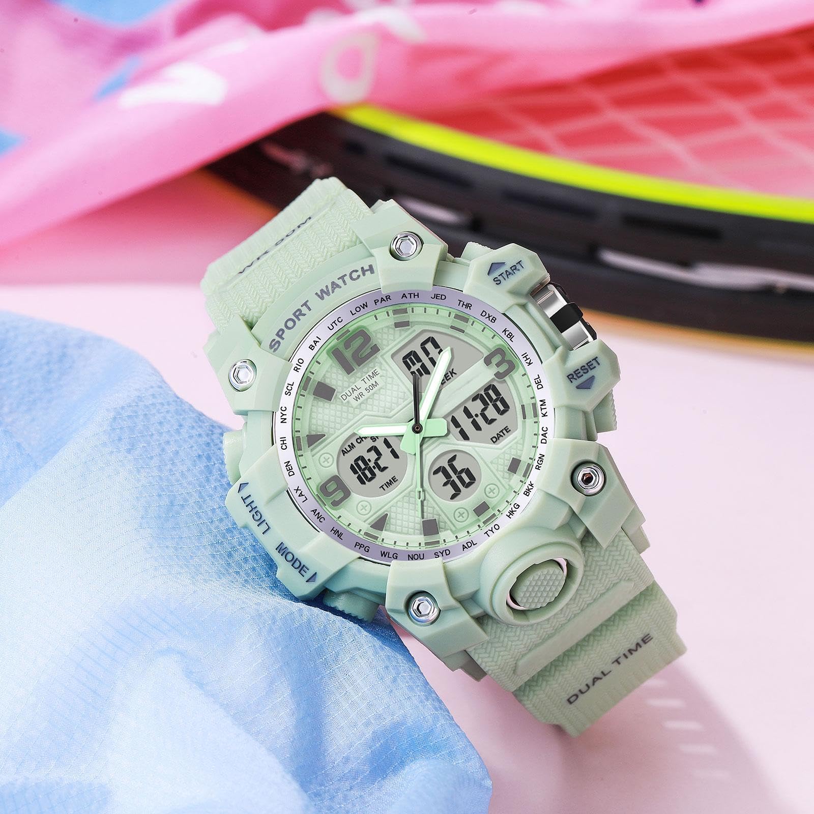 findtime Orologio sportivo da donna, per studenti, adolescenti, con sveglia, doppio orario, cronometro, impermeabile, sportivo, analogico, digitale, bianco, viola, rosa, nero, blu