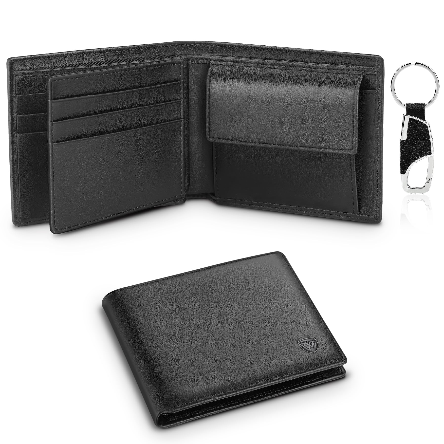 WONSEFOO Portefeuille Homme en Cuir Blocage RFID, Mince Porte-Monnaie avec Porte-Clés, 10 Porte-Carte de Crédit (fenêtre ID), 2 Compartiment à Billets, 1 Grande Poche à Monnaie, Cadeau Parfait-Noir