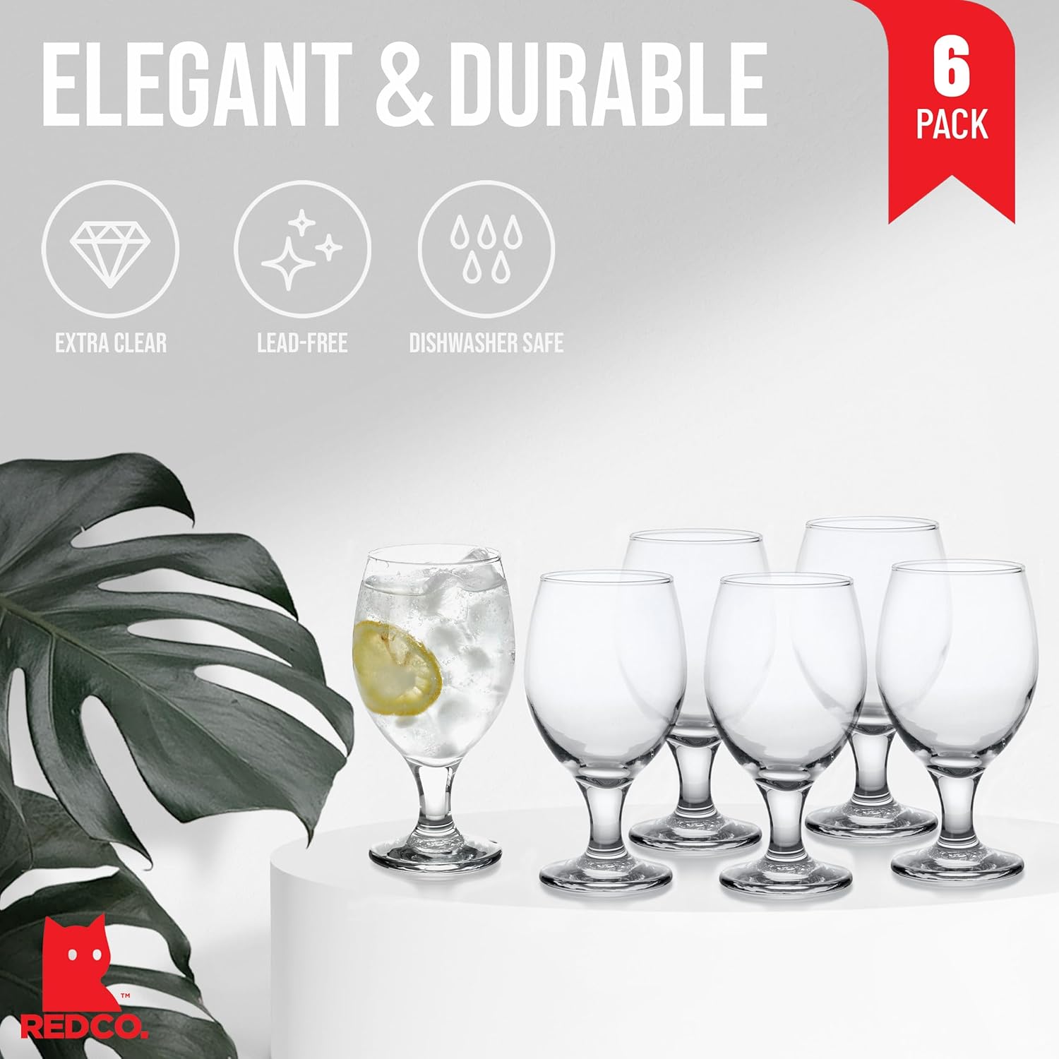 Red Co. Belluno Classic Clear Glasses for Water, Juice, Liquor - Wine Goblets - Set of 6 (13.5 Ounces) - Image 2