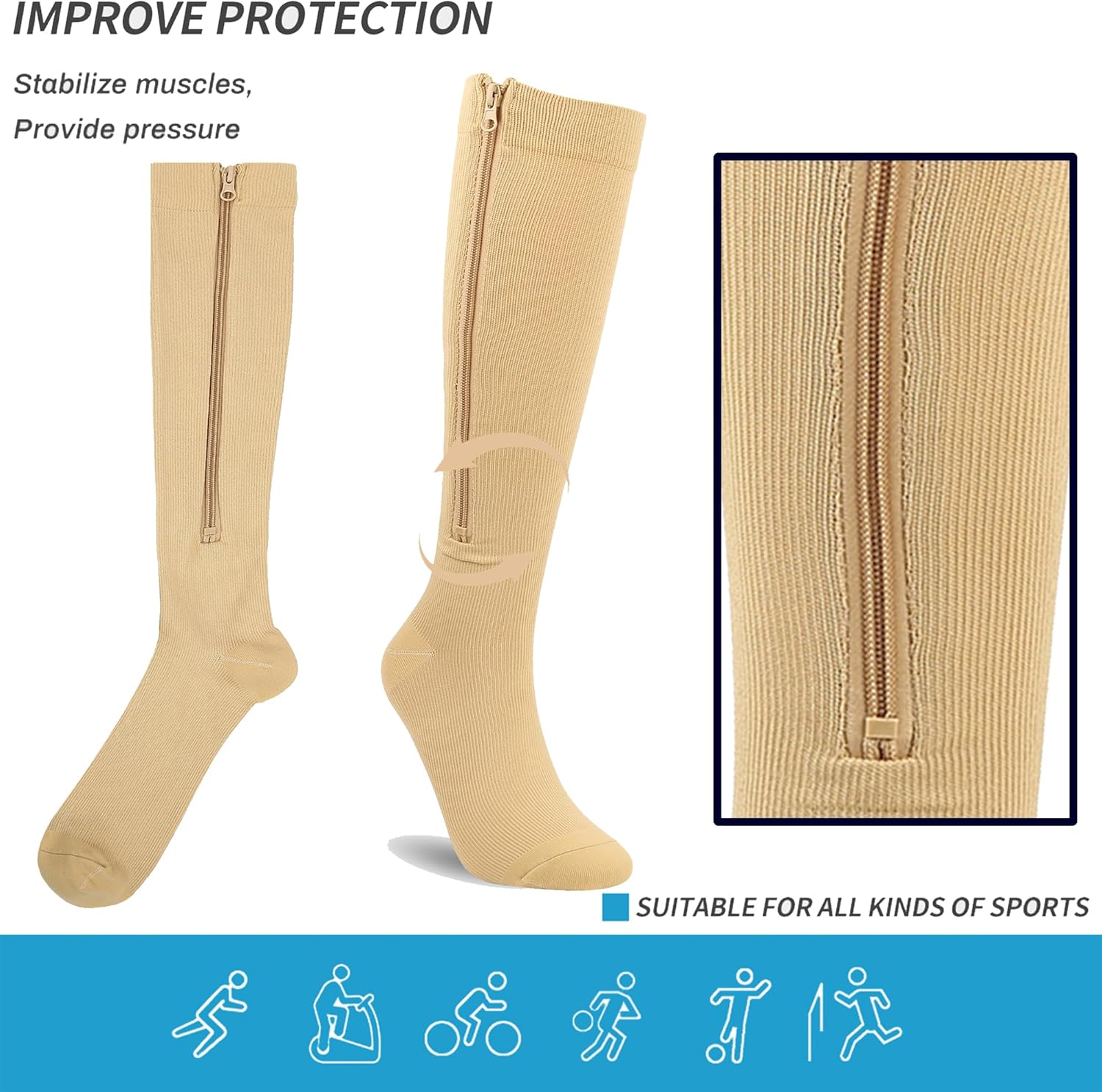IZUS Women-Men Zipper-Up Compression-Socks Closed Toe Knee-High Support-Socks for Edema/Varicose-Veins/Swelling/Nurses-Walk - Image 4