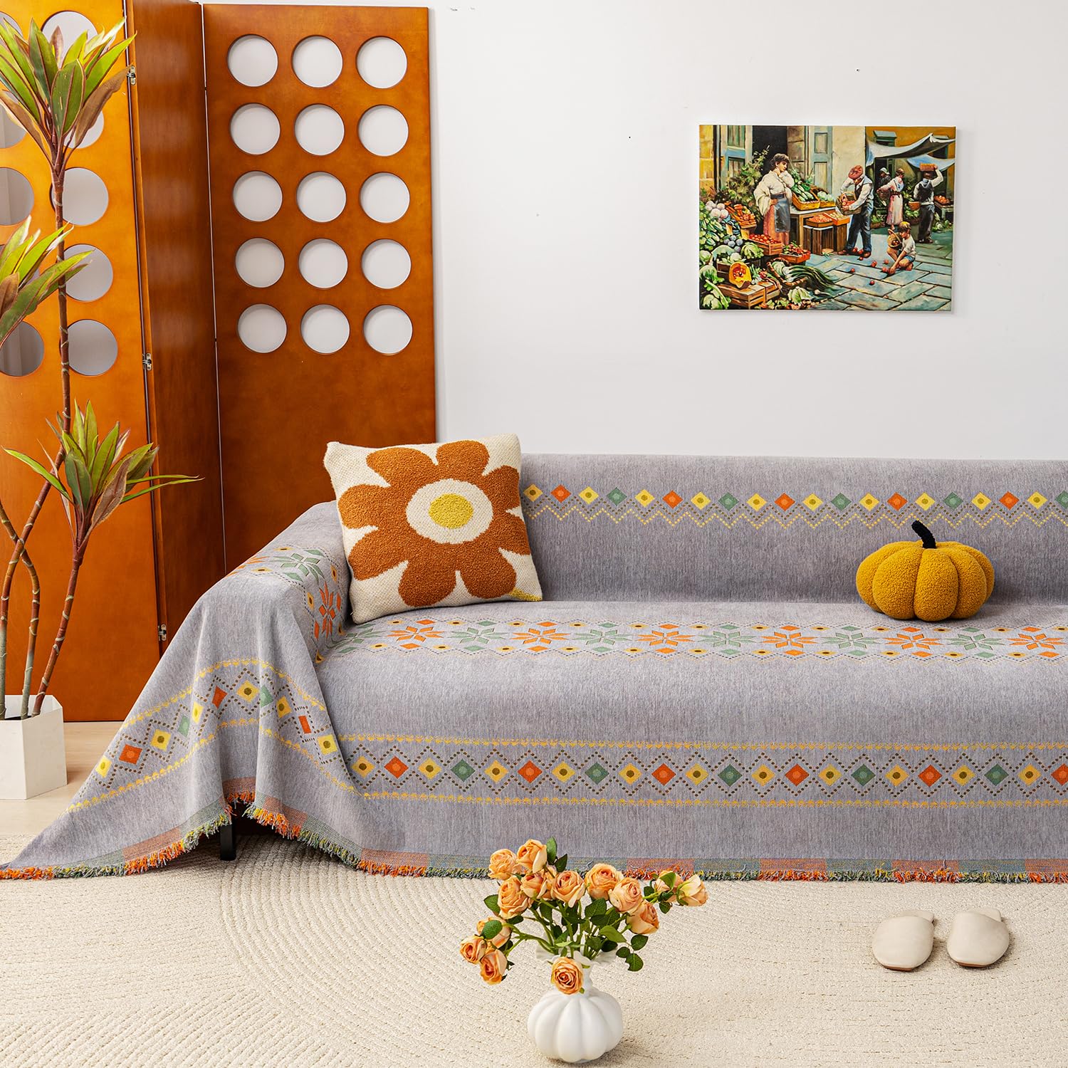 GPQAWER Boho Modern Chenille Couch Cover, Grey and Orange Geometric Sofa Slipcover, Pet-Friendly, Reversible, Washable