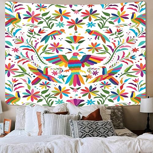 Miniatura 3 de Bzhilja Tapiz mexicano, tapiz tradicional mexicano con diseño de pájaro azul otomi, diseño brillante, flores de cachemira, tapiz de color étnico