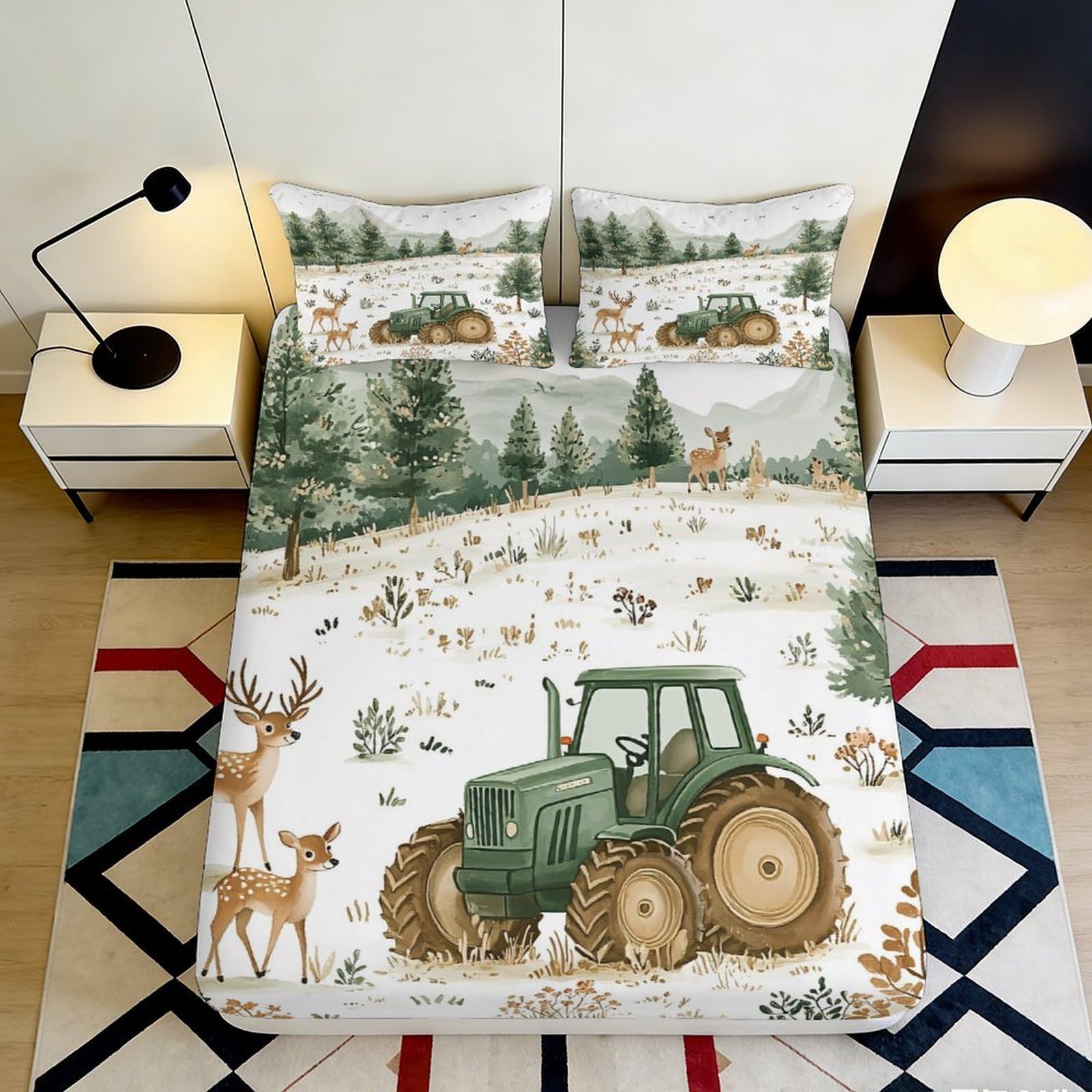 3D Printed Deer and Tractor Fitted Sheet Microfiber Soft Breathable Forest Landscape Bed Cover for Bedroom Dormitory Guest Room Mattress Protection 120x200x25cm