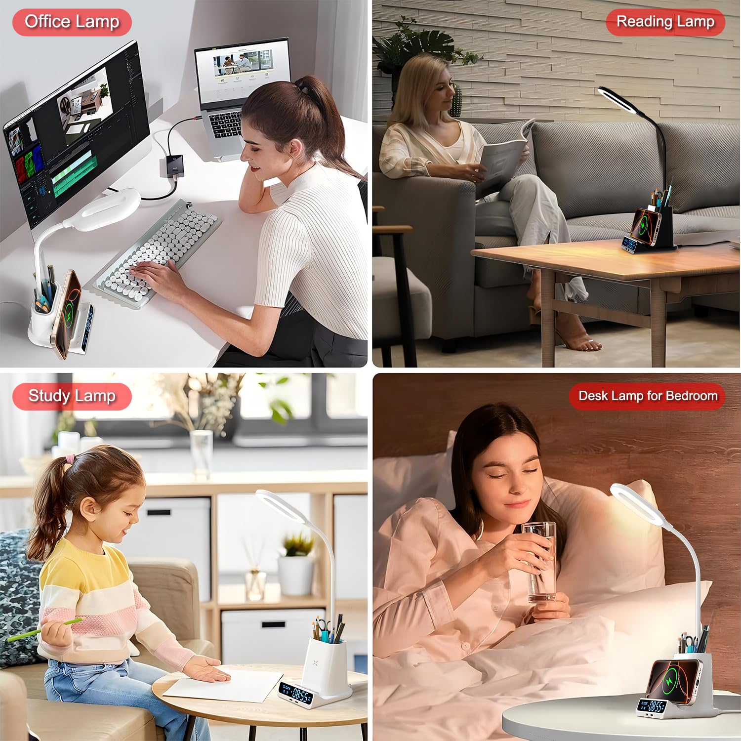 5-en-1 Lampe de Bureau LED Intensité Variable avec Horloge, Réveil, Porte-Stylo et Fonction de Recharge, 3 Couleurs de Lumière,Lampe d'étude, Lampe de Chevet, Lampe de Lecture Veilleuse
