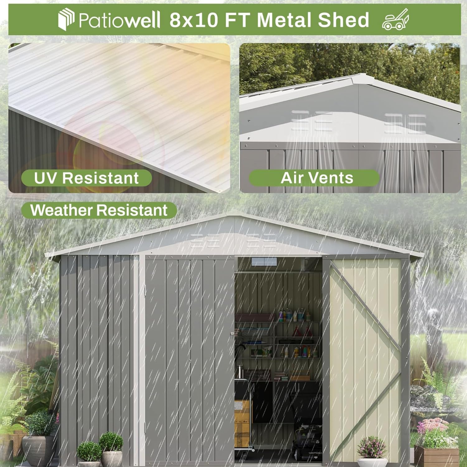 Patiowell 8x10 FT Outdoor Storage Shed, Large Garden Tool Metal Shed with Sloping Roof and Lockable Door, Outside Sheds for Backyard Garden Patio Lawn, Gray