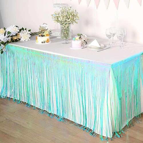 Miniatura 7 de Efavormart - Falda de mesa con flecos metálicos de 30 x 9 pies, falda de mesa autoadhesiva para fiestas, color azul iridiscente