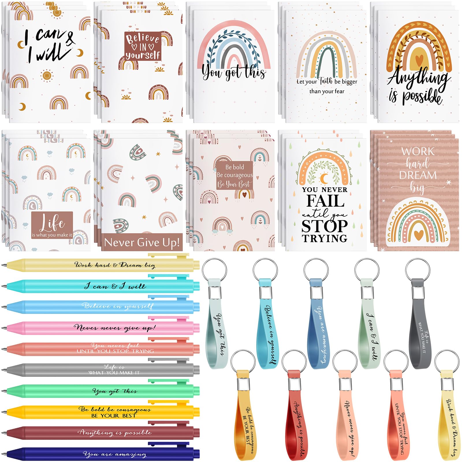 Colarr Lot de 90 mini blocs-notes arc-en-ciel - Cadeaux inspirants - 30 mini blocs-notes de poche inspirants - 30 porte-clés en silicone - 30 stylos à bille rétractables pour la rentrée scolaire des