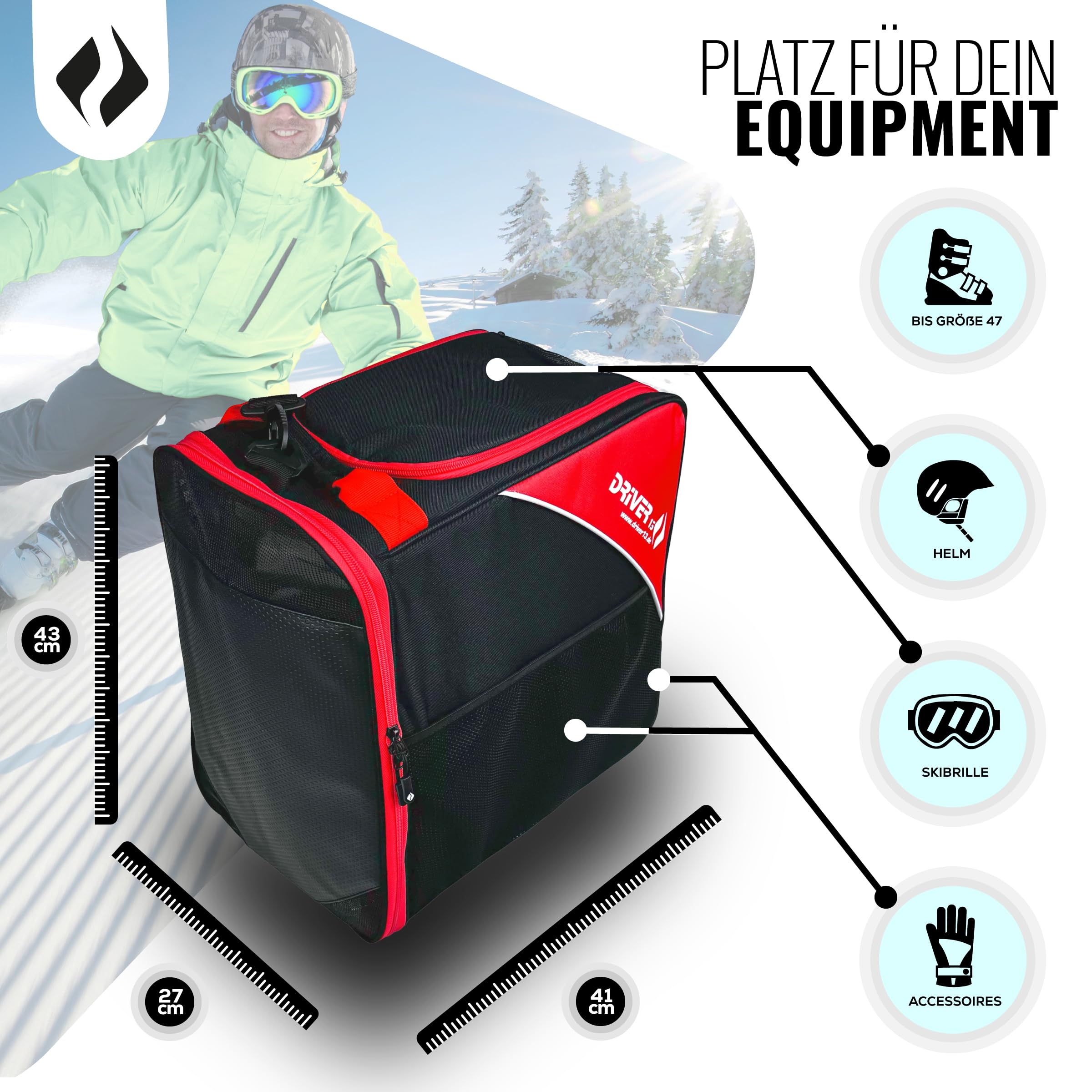 Driver13 ® Bolsa para Botas de esquí Bolsa para Botas de esquí con Compartimento para Casco para Botas Blandas duras inliner y Bolsa para Botas Negro-Rojo