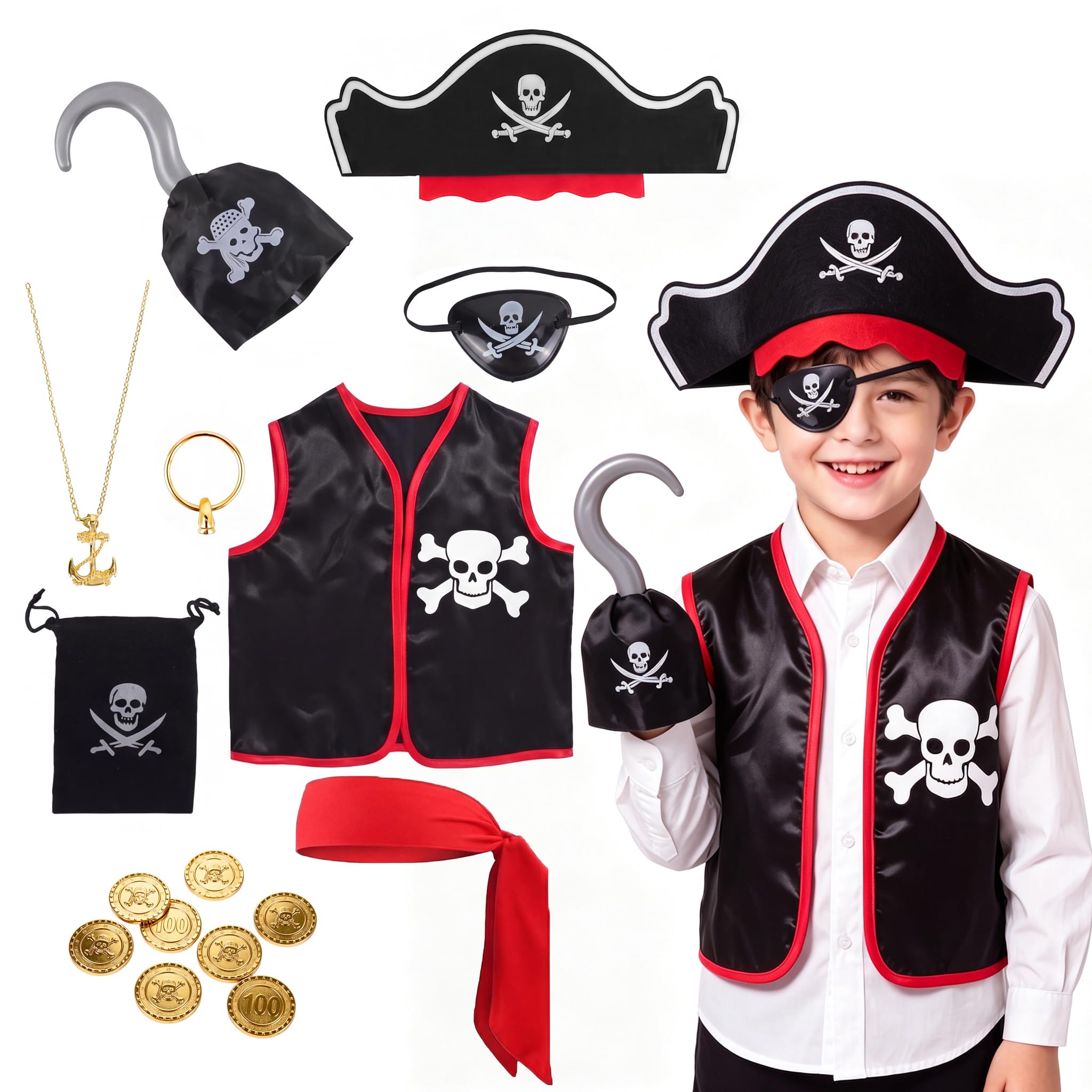 YCDKK 16 Pcs Pirate Costume Kids Set, Boy Girls Pirate Outfit Accessories - Vest,Earring,Belt, Eye Patch,Hat,Money Bag,Gold Coin,Necklace,Captain Hook for Halloween Costumes Cosplay Party