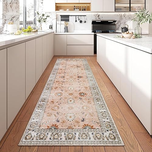 Hallway Runner Rug 2.6x8 Ft Pink/Multi Anti-Skid Printed Vintage Entryway Mat Machine Washable Vintage Home Decor Carpet Mat