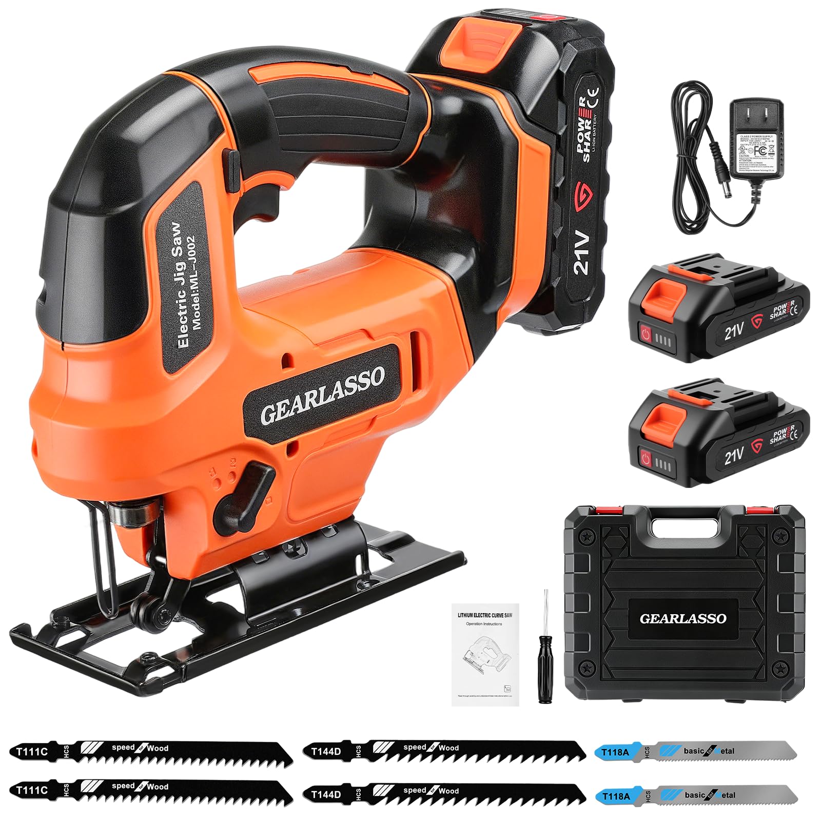Sierra caladora inalámbrica de 21 V con 2 baterías de 2.0 Ah, sierra de calar de velocidad variable de 2800 RPM para madera y metal, 4 ajustes orbitales, corte biselado de 0 a 45°, luz LED