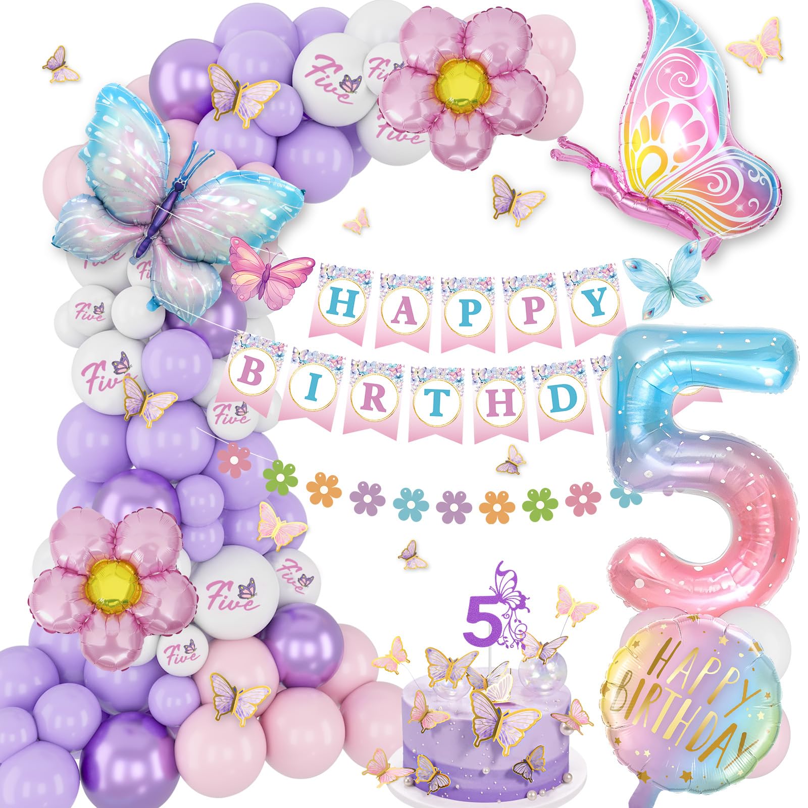 5th Birthday Decorations for Girl, 5 Year Old Birthday Decoration Girl Butterfly Bday Decor Happy Bday Banner Pink and Purple Balloons Five Bday Decor