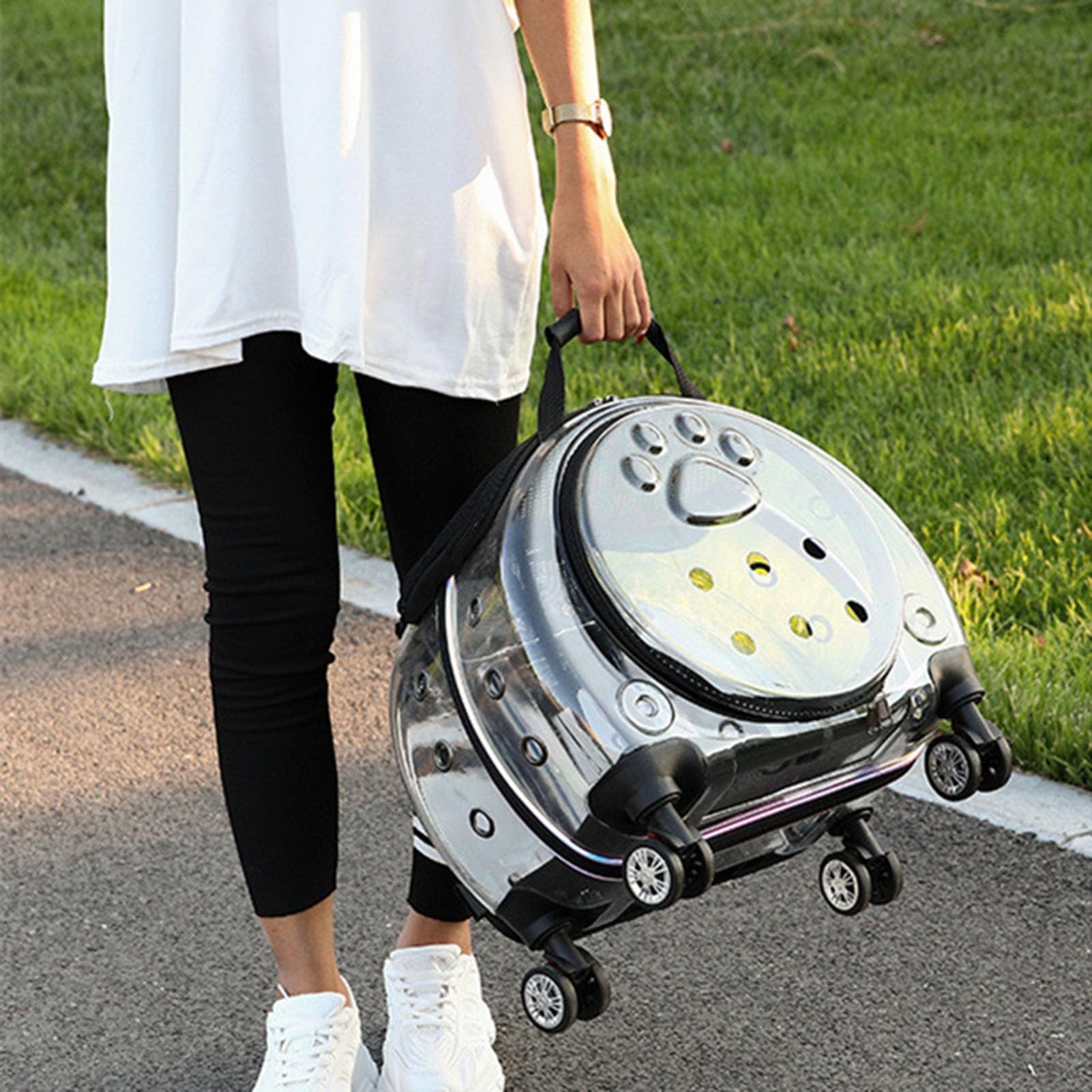 Trolley portatile per animali domestici, trasportino trasparente per cani e gatti con fori di ventilazione e ruote silenziose, zaino da viaggio con grande interno, trasportino per animali domestici