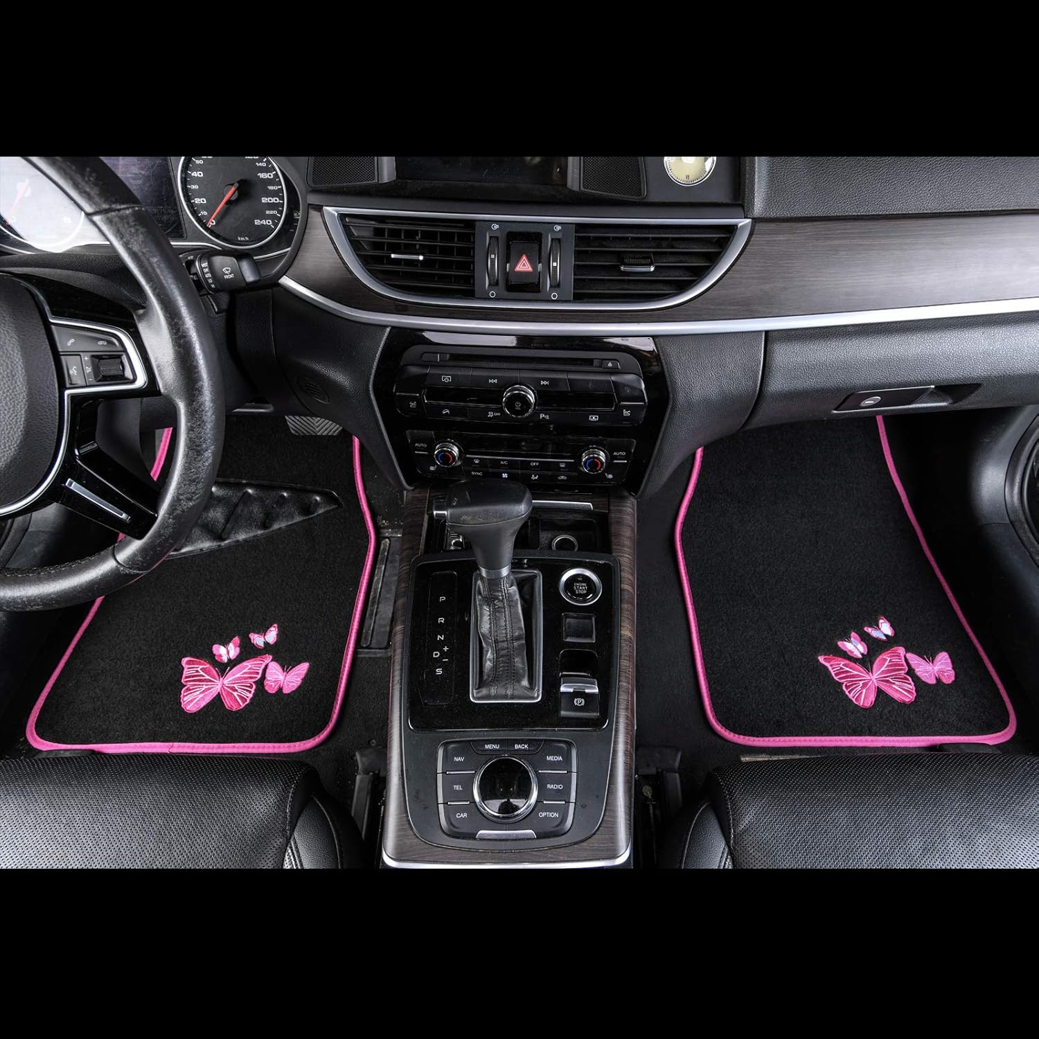 August Auto Universal Fit Butterfly Carpet Car Floor Mats with Heel Pad fit Sedans,Set of 4 (Black and Pink)