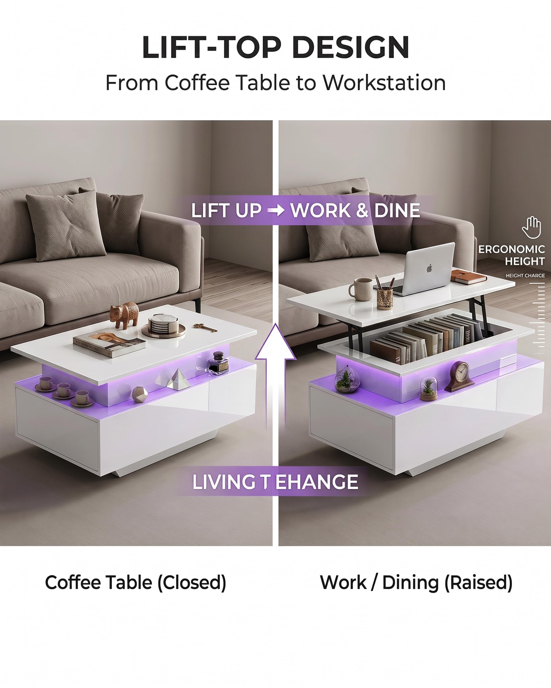 Tavolino da Salotto Rettangolare Moderno, Tavolo Salotto Salvaspazio, Tavolino Trasformabile con 2 cassetti e 1 spazio nascosto, Coffee Table con effetti di luce multicolore