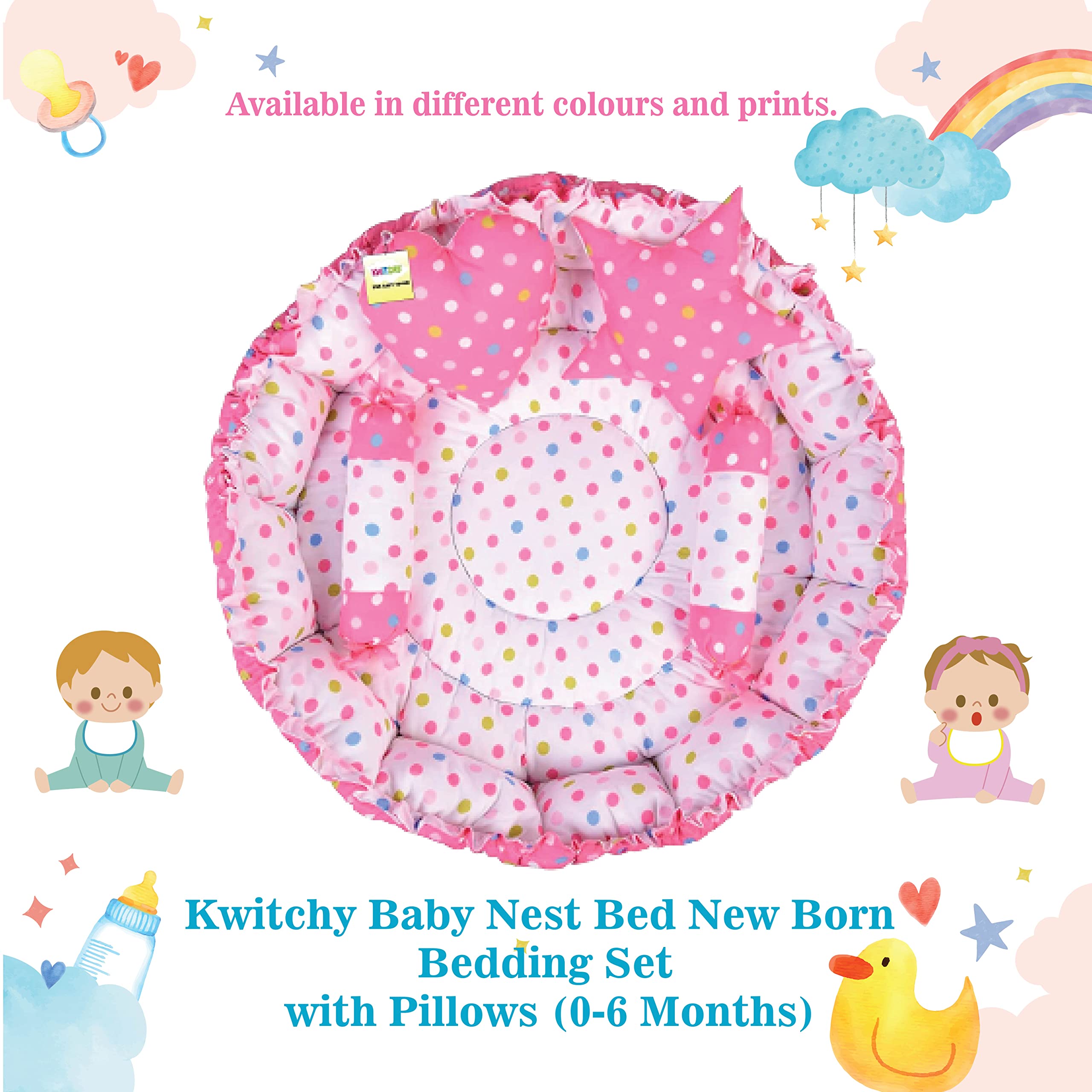 Kwitchy Baby Bed New Born Baby Reversible | Bedding Set | Carry | Cotton | Infants | Products All | Gift | Essentials (0-6 Months) (Pink Mixmatch)