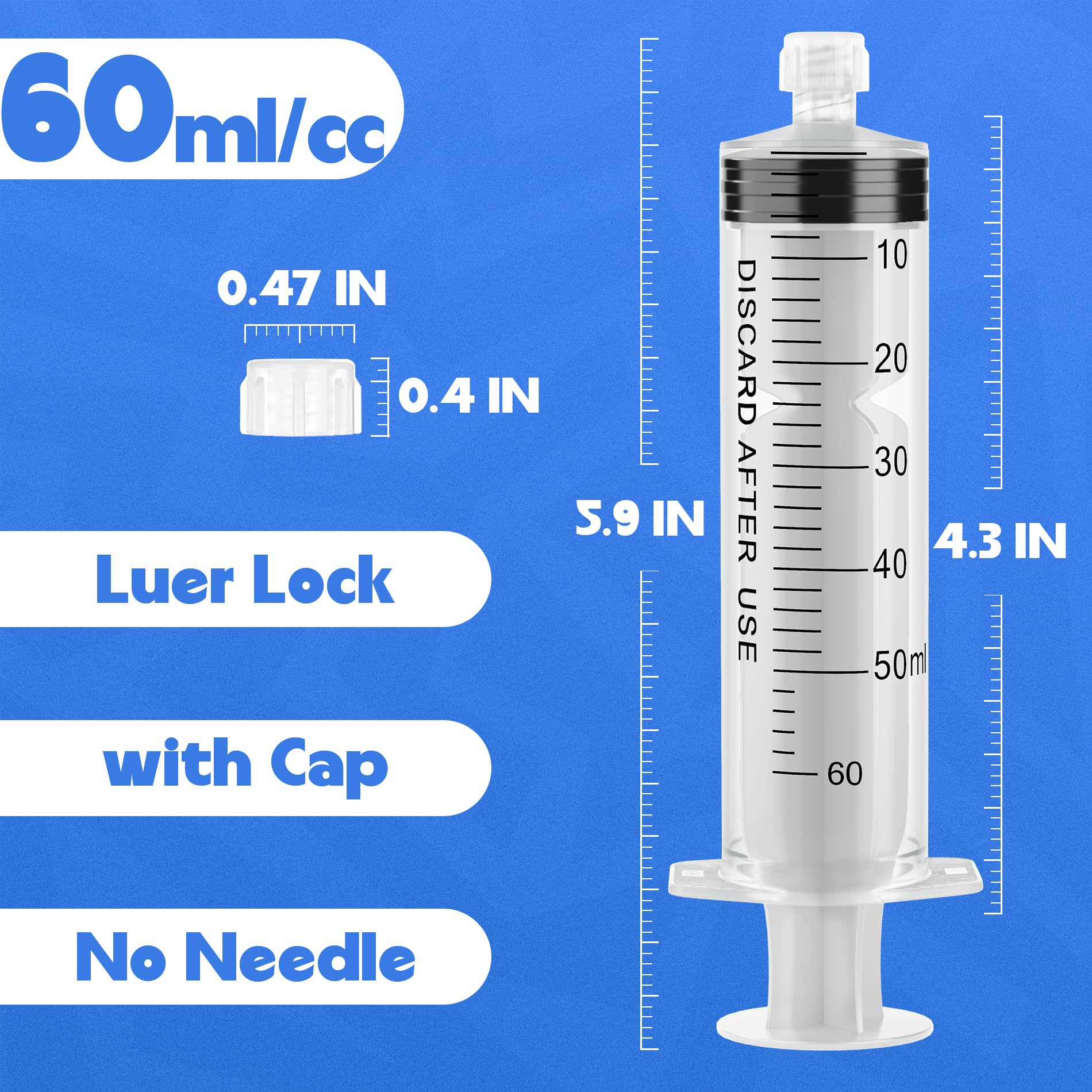 Jeringas Luer Lock de 60 ml sin aguja, estériles, envueltas individualmente, medición precisa de líquidos, paquete de 20, diseño de bloqueo de seguridad a prueba de fugas para profesionales y cuidado