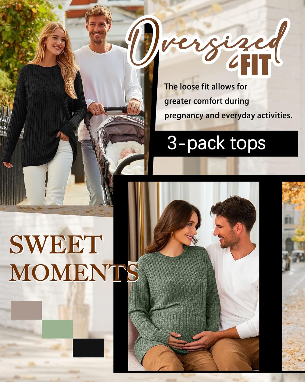 3 Pack Women's Nursing Shirts for Breastfeeding Zipper Ribbed Maternity Tops Lightweight Oversized Sweater - Image 4