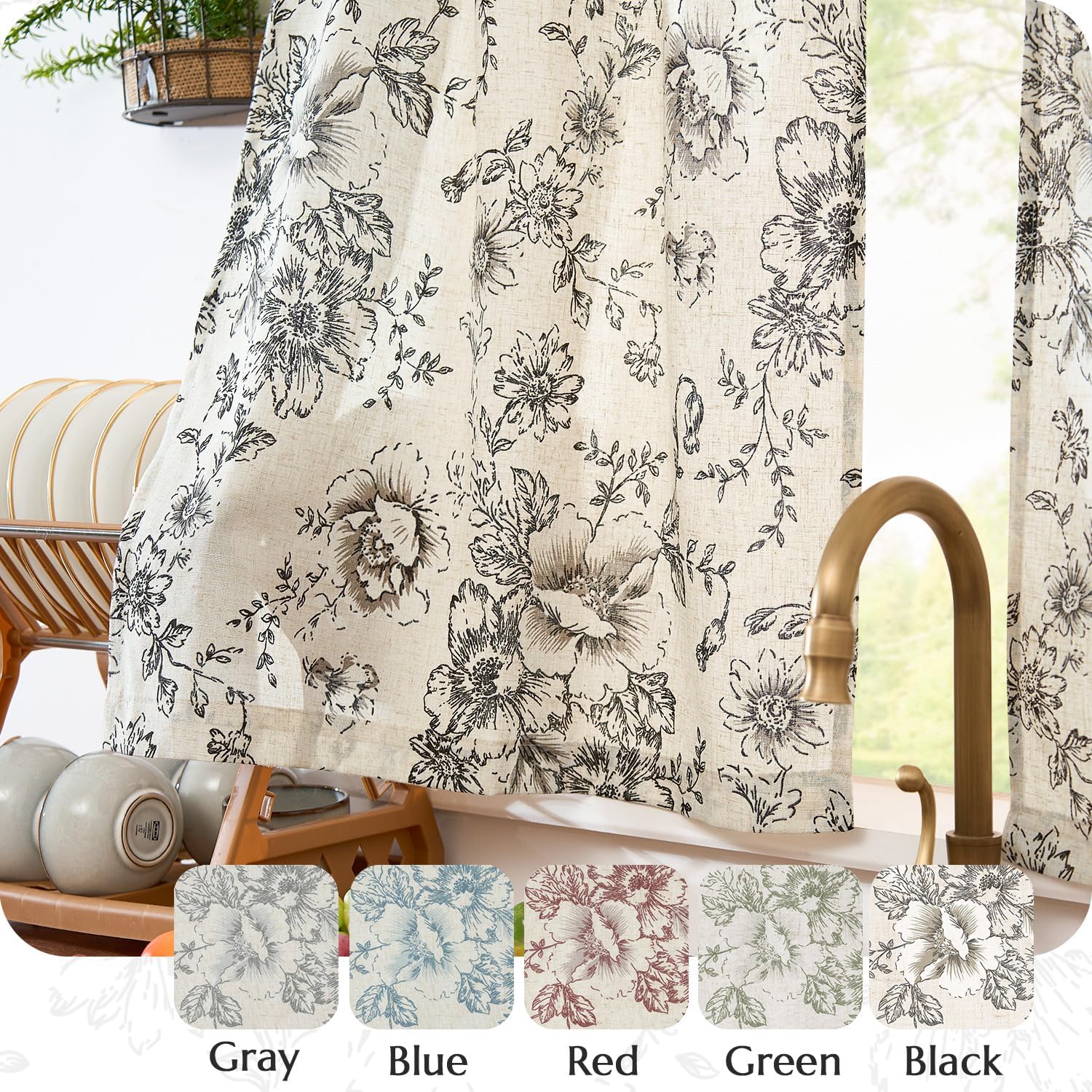 Vangao Linen Kitchen Curtains Floral Tier Drapes 24 Inch Farmhouse Botanic Cafe Curtains Small Window Drapes Rustic Half Window Treatments for Living Room Bathroom Laundry 2 Panels Black on Beige